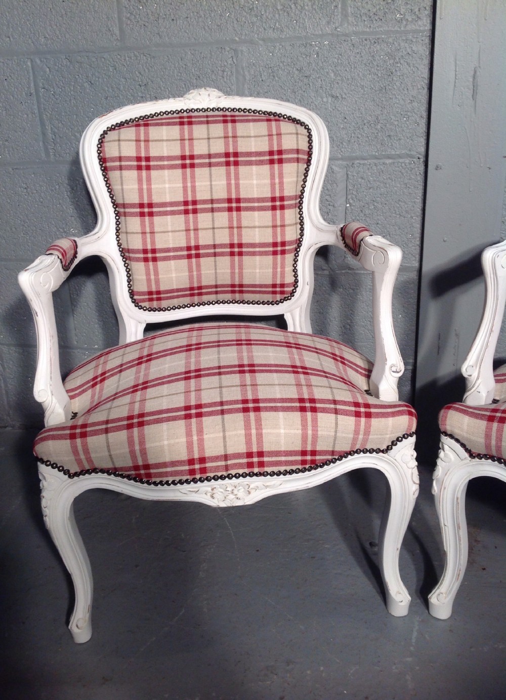 PAIR OF FRENCH CHAIRS IN RED TARTAN FABRIC View III