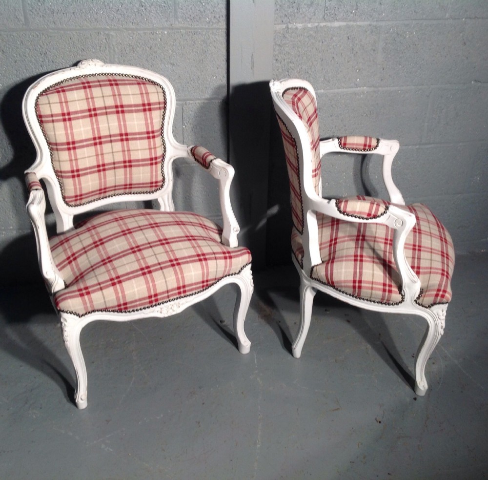 PAIR OF FRENCH CHAIRS IN RED TARTAN FABRIC View X