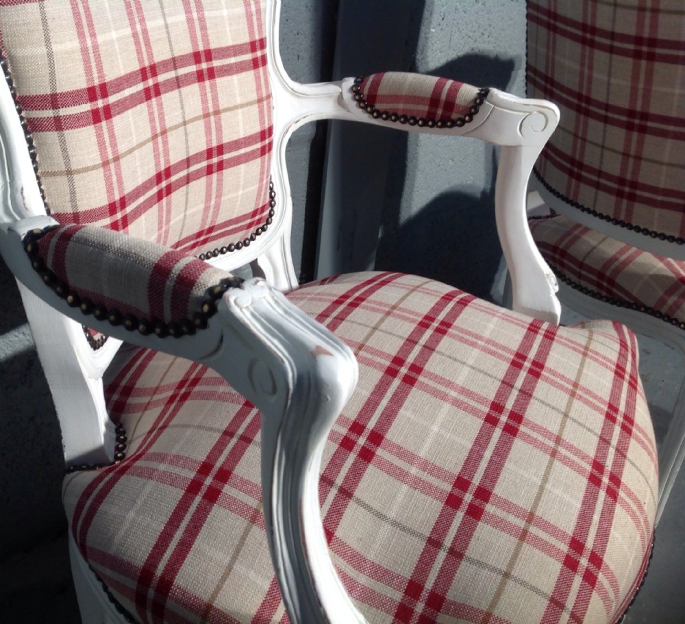 PAIR OF FRENCH CHAIRS IN RED TARTAN FABRIC View XI