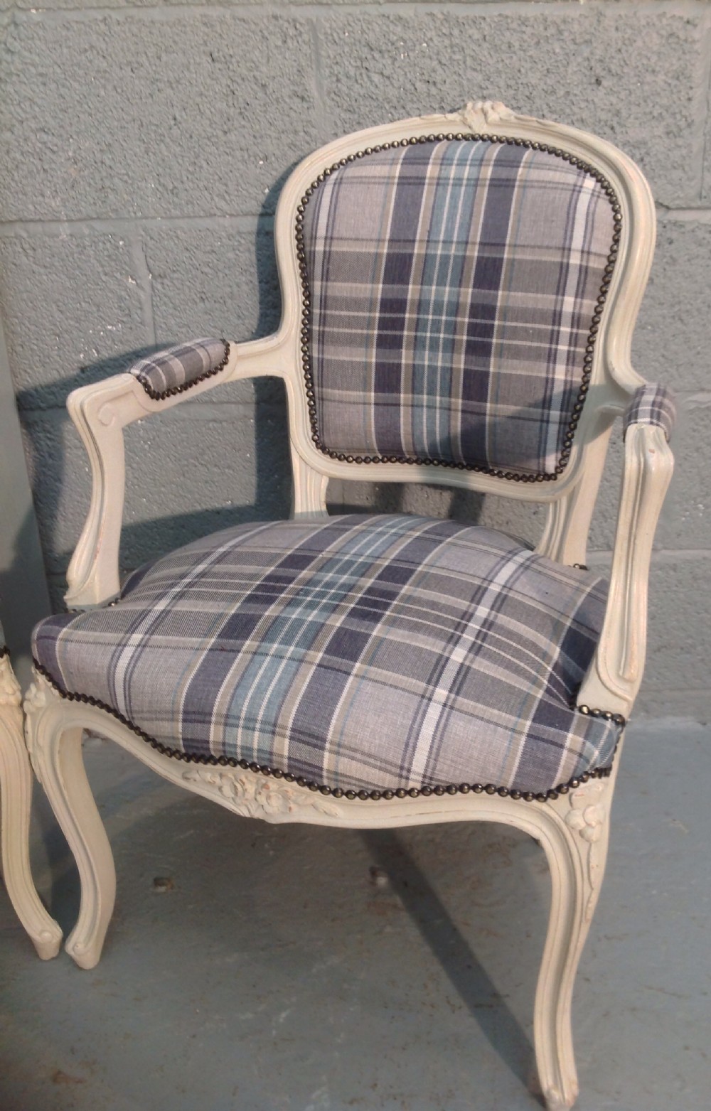 FRENCH PAINTED ARMCHAIRS IN TARTAN FABRIC View II