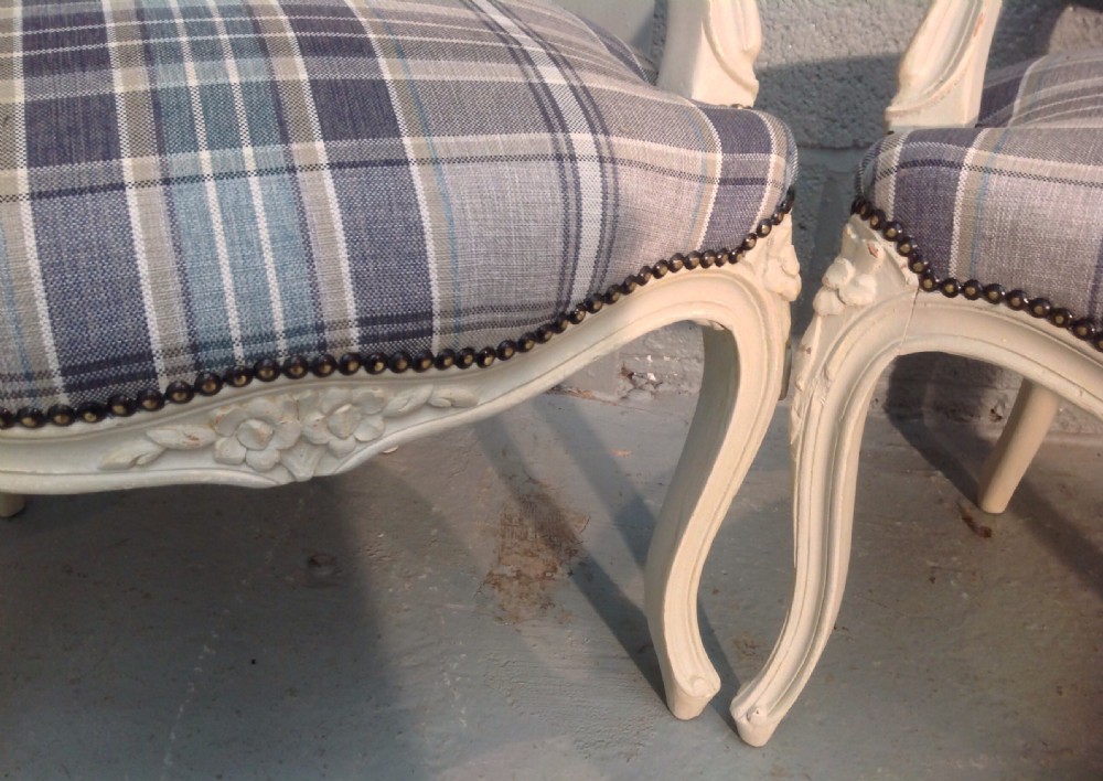 FRENCH PAINTED ARMCHAIRS IN TARTAN FABRIC View IV