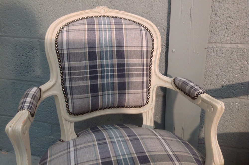 FRENCH PAINTED ARMCHAIRS IN TARTAN FABRIC View V