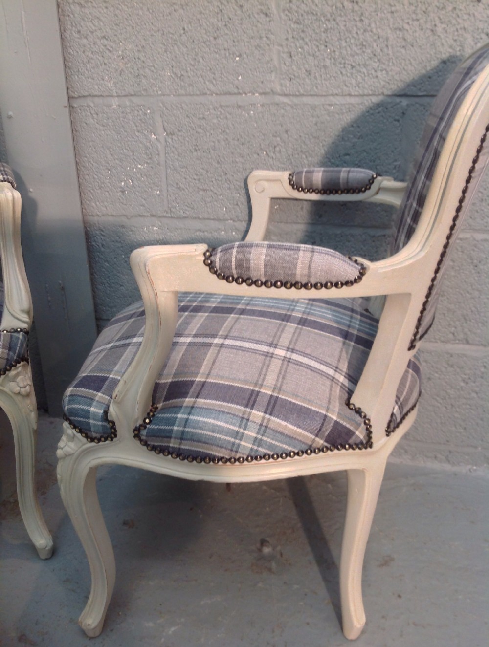 FRENCH PAINTED ARMCHAIRS IN TARTAN FABRIC View VII