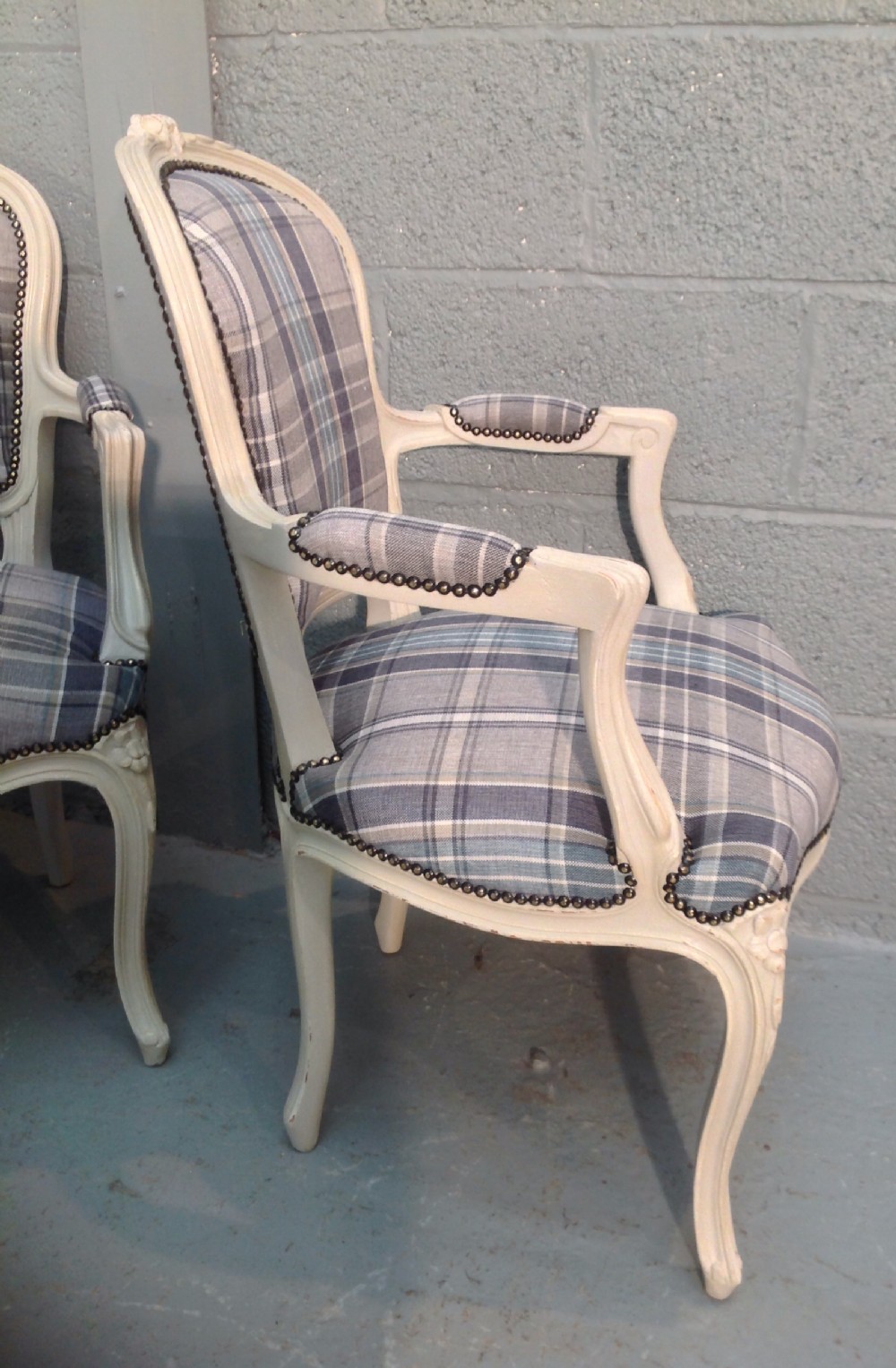 FRENCH PAINTED ARMCHAIRS IN TARTAN FABRIC View IX