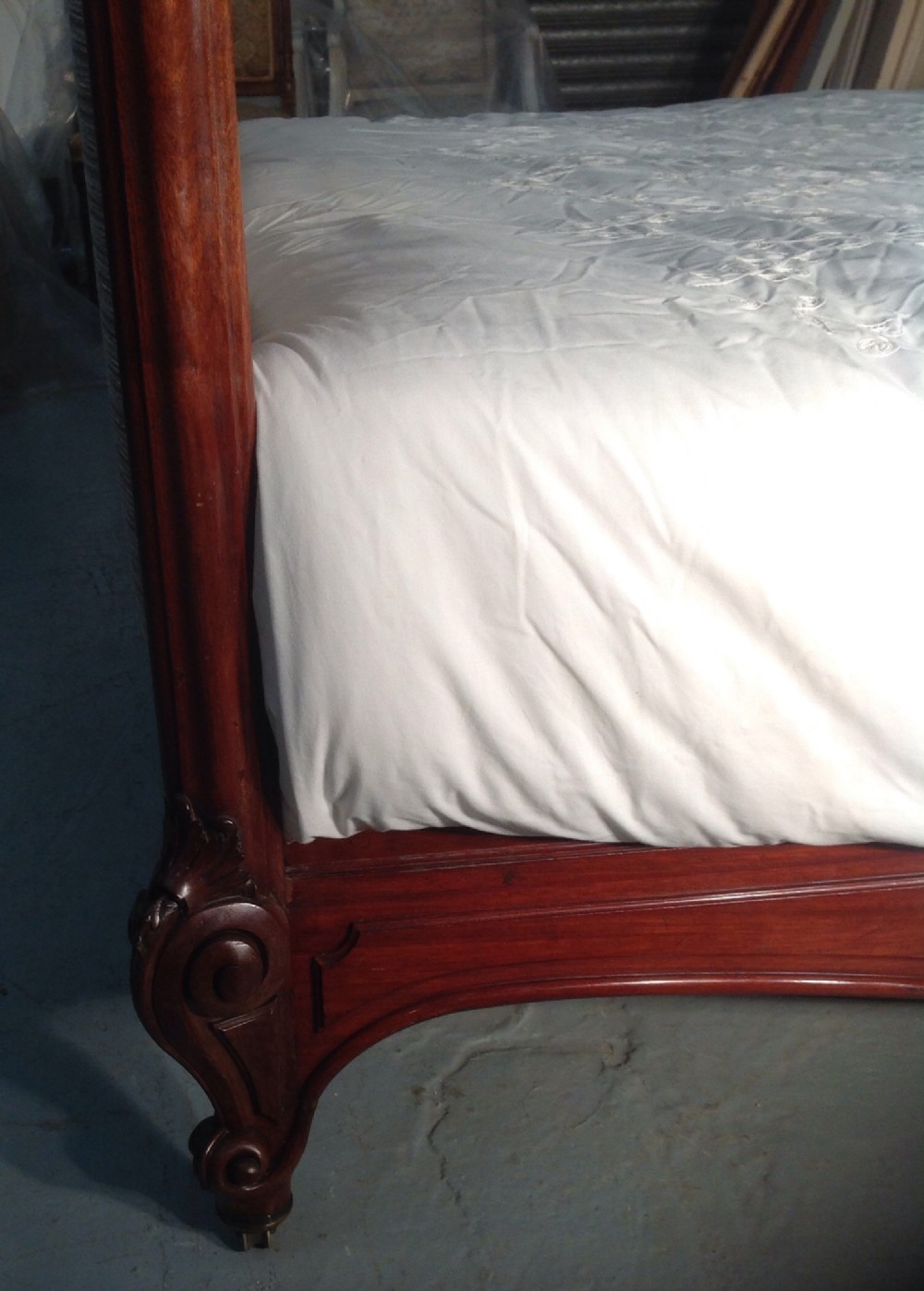NEWLY UPHOLSTERED KINGSIZE FRENCH MAHOGANY BED  View XII