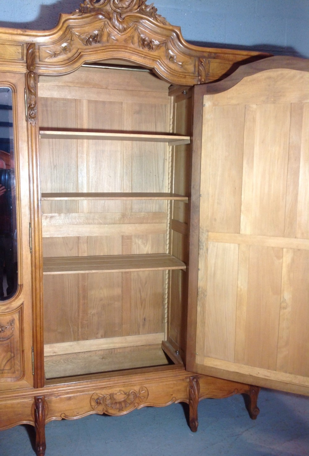 CARVED TRIPLE WALNUT FRENCH ARMOIRE View XI