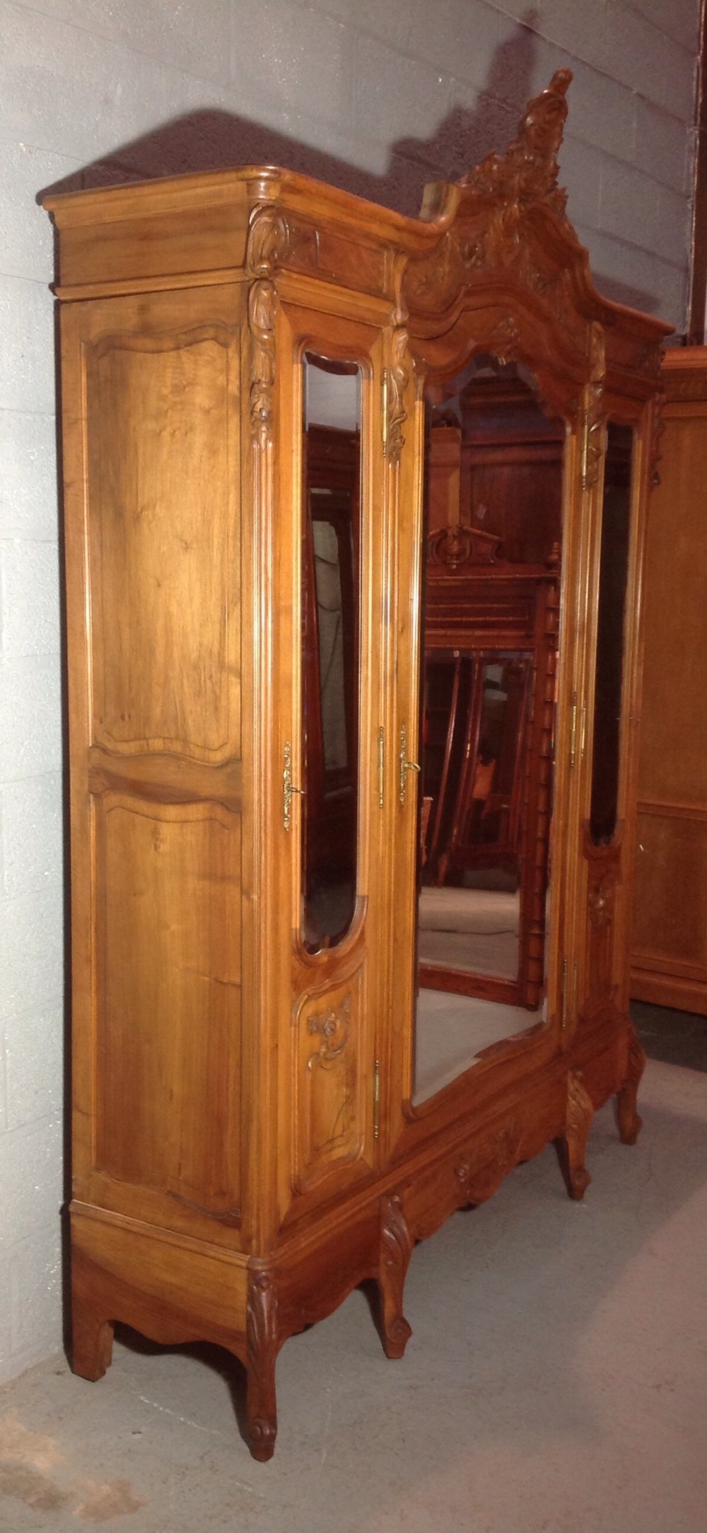 CARVED TRIPLE WALNUT FRENCH ARMOIRE View XIII