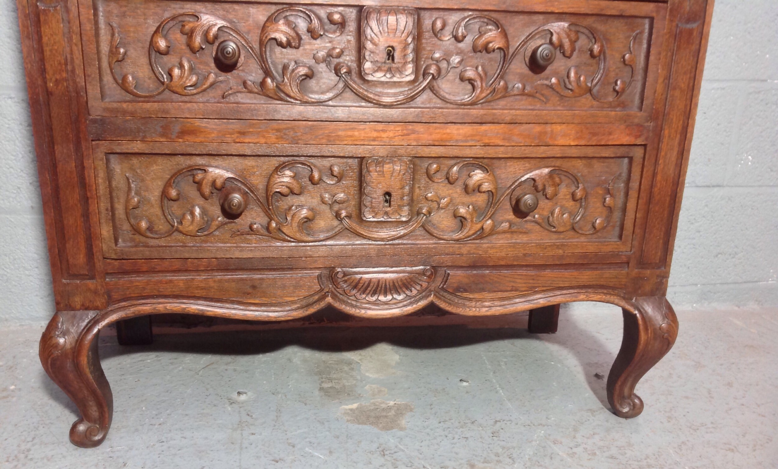 CARVED OAK FRENCH COMMODE WITH MARBLE TOP View II