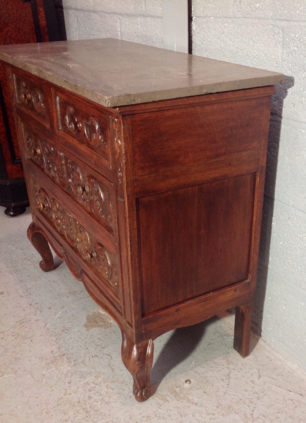 CARVED OAK FRENCH COMMODE WITH MARBLE TOP View III