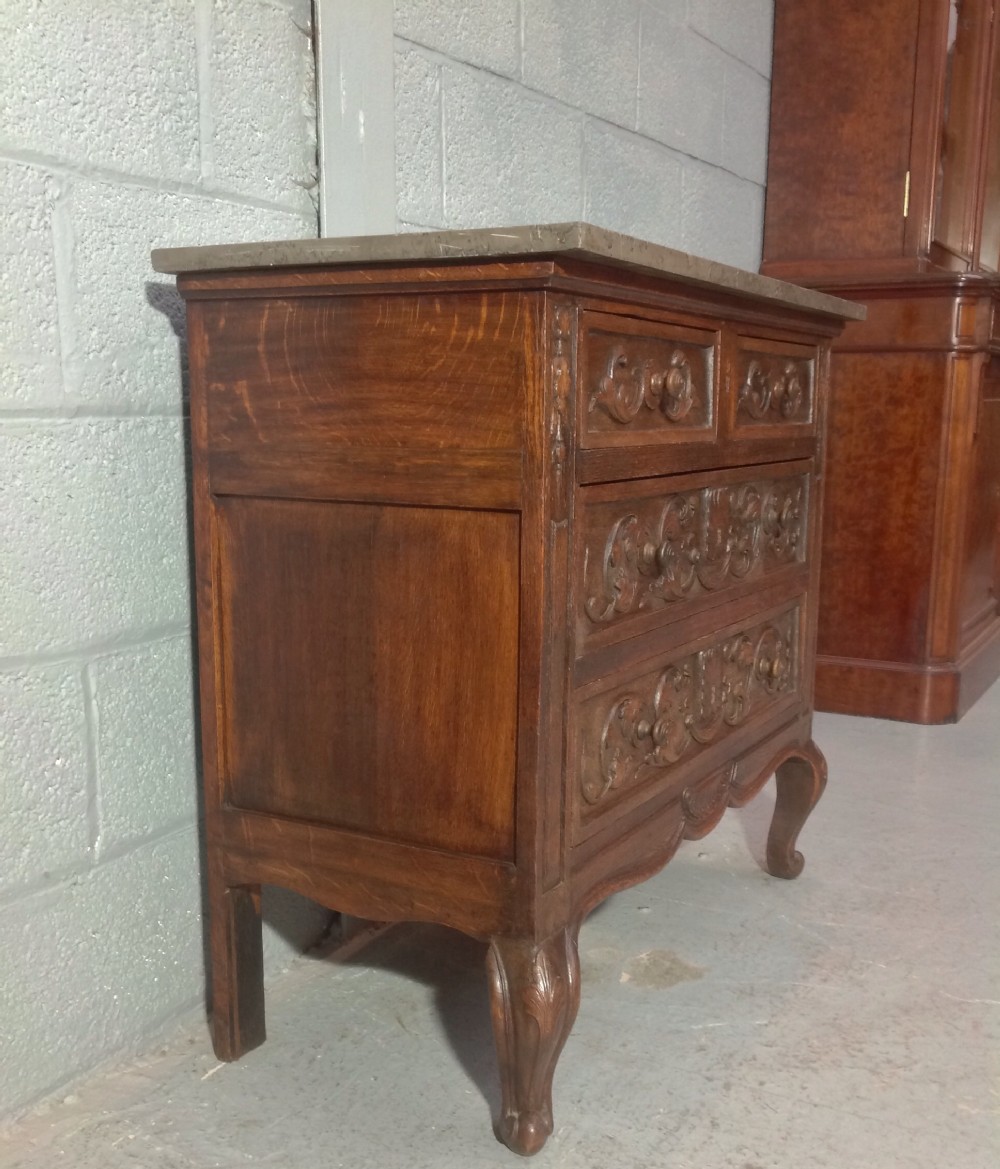 CARVED OAK FRENCH COMMODE WITH MARBLE TOP View V