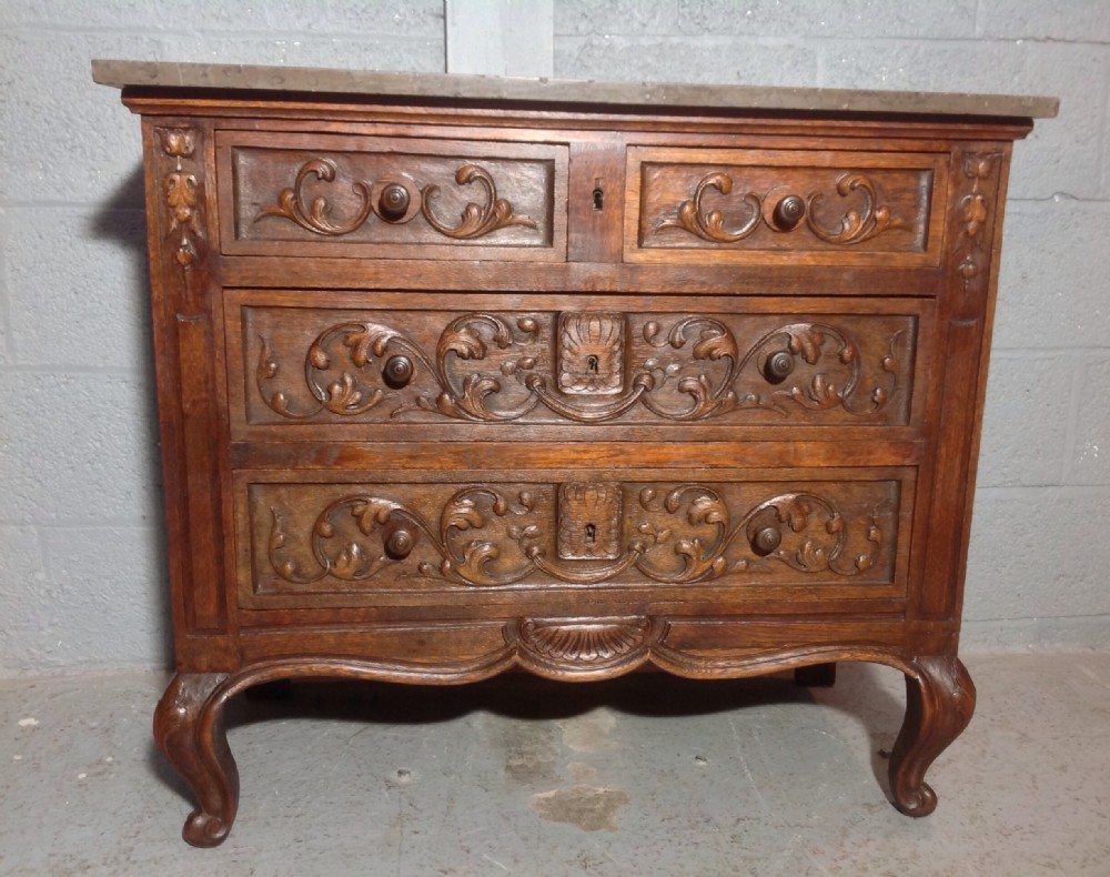 CARVED OAK FRENCH COMMODE WITH MARBLE TOP View X