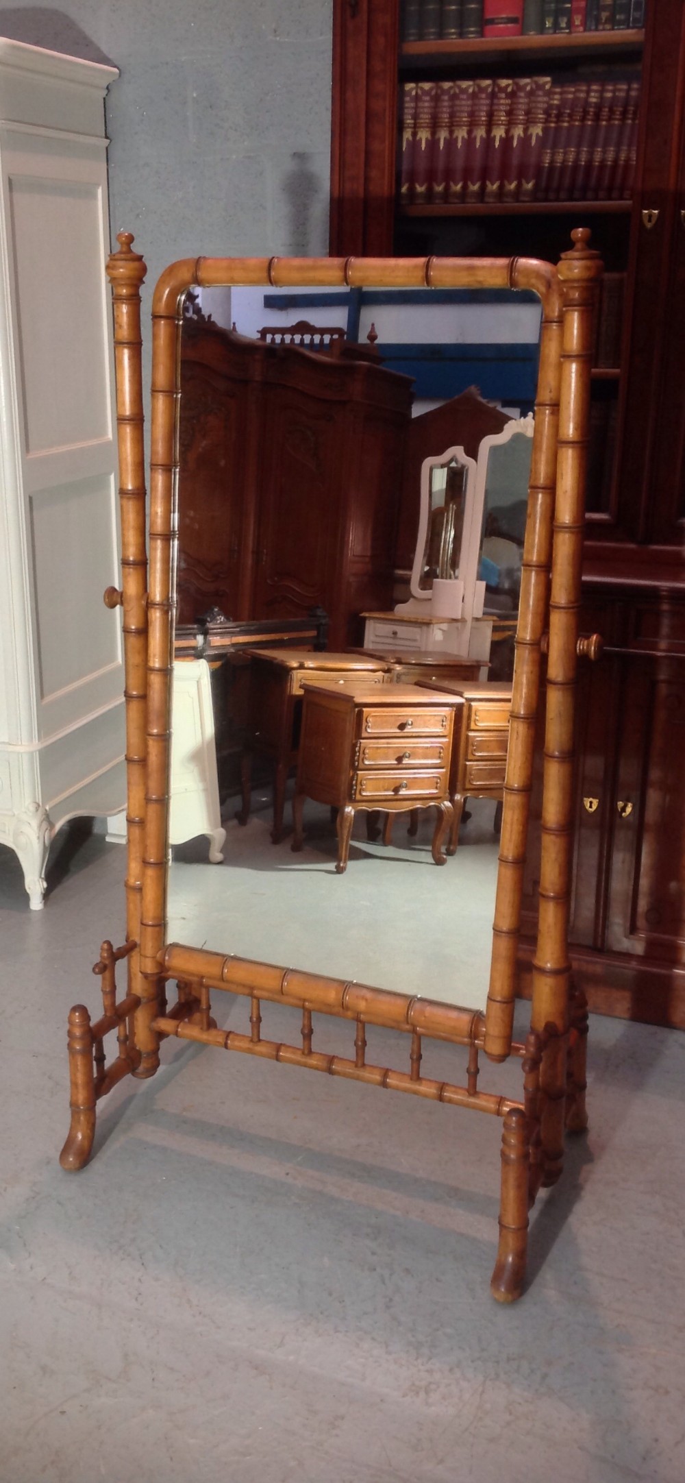 faux bamboo french cheval mirror - CATEGORY: ANTIQUE MIRRORS - DATED 1910