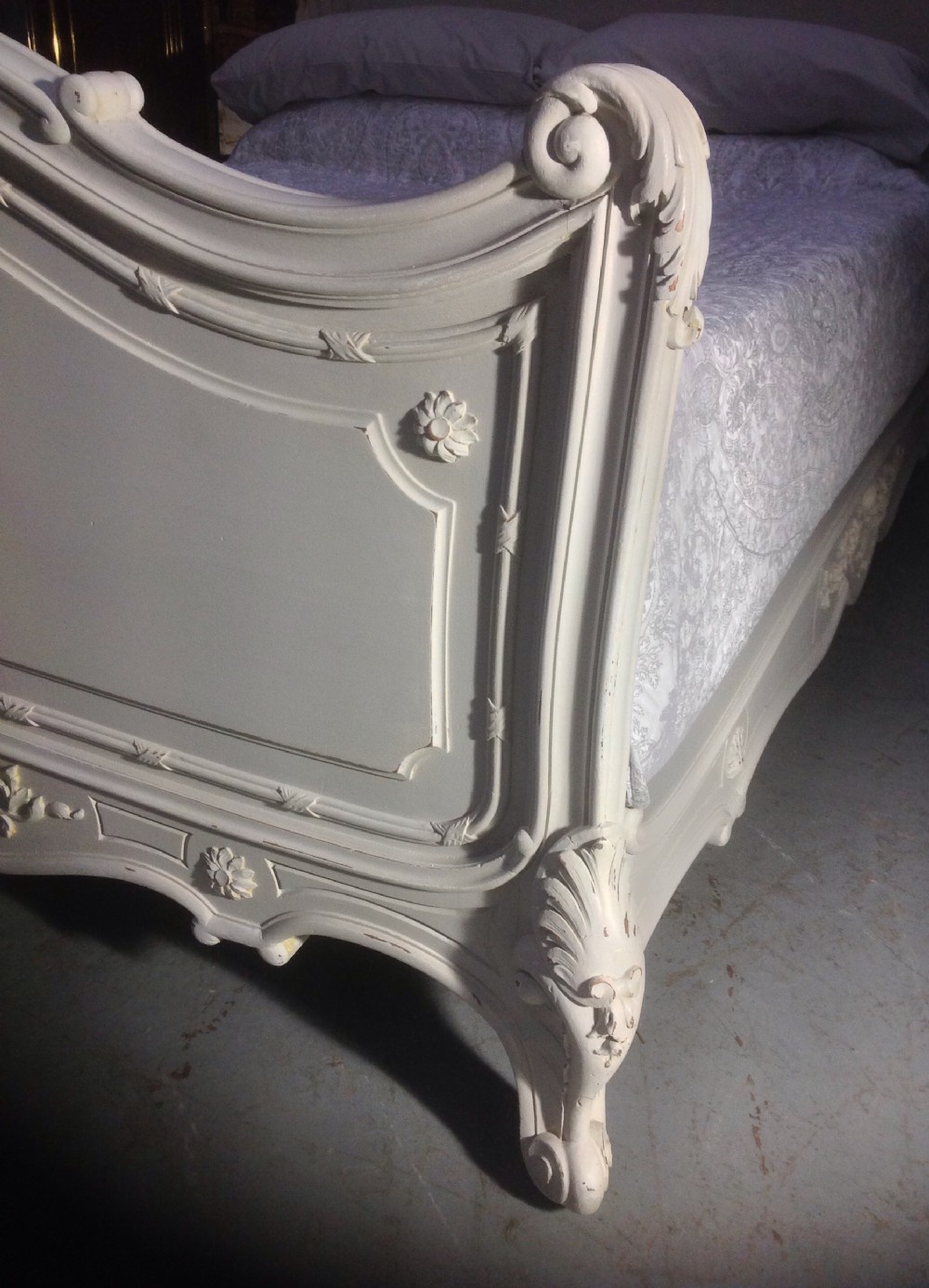 ORNATELY CARVED WALNUT BED IN FARROW AND BALL GREY View VII