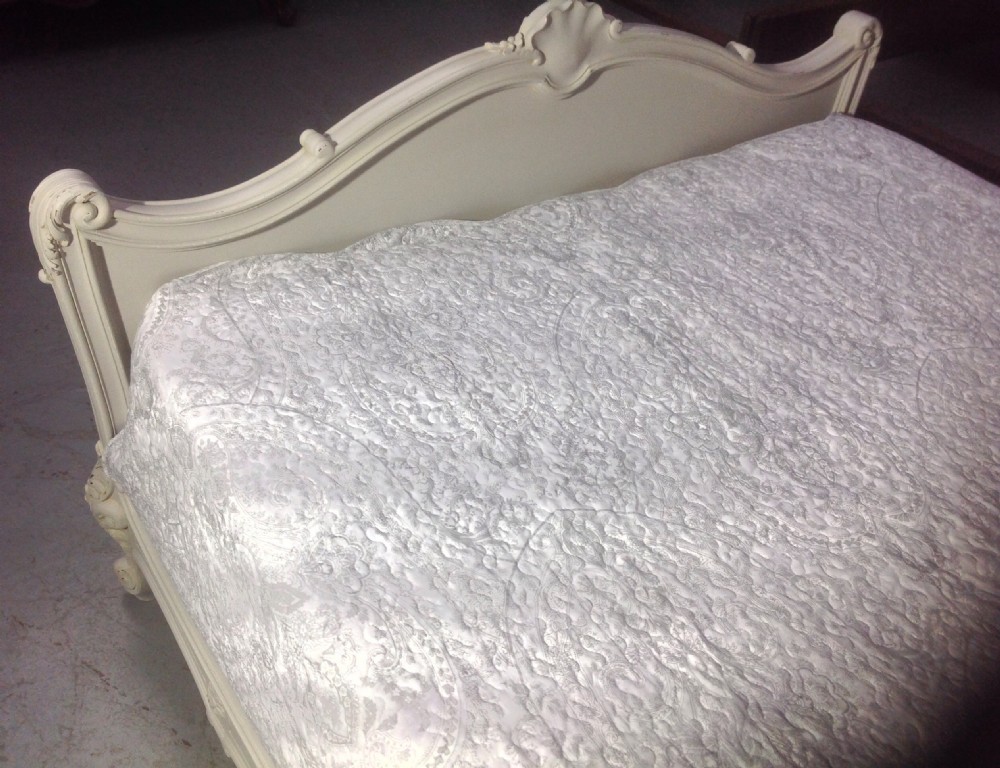 ORNATELY CARVED WALNUT BED IN FARROW AND BALL GREY View X