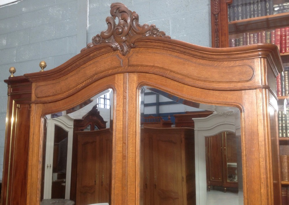 A tall French provincial carved oak armoire with two full-length mirrored doors, an arched cresting pediment, base drawers, and cabriole feet. View III