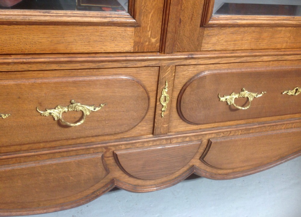 A tall French provincial carved oak armoire with two full-length mirrored doors, an arched cresting pediment, base drawers, and cabriole feet. View V