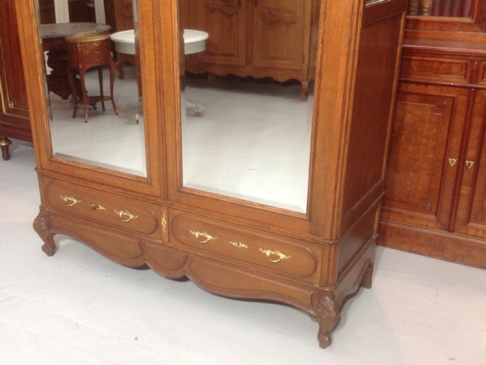 A tall French provincial carved oak armoire with two full-length mirrored doors, an arched cresting pediment, base drawers, and cabriole feet. View IX
