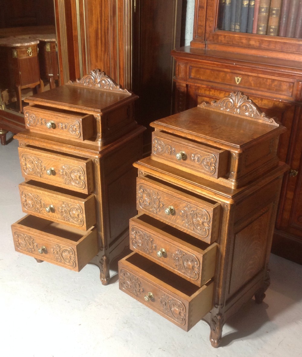 PAIR OF QUALITY CARVED OAK FRENCH BEDSIDE CABINETS View II