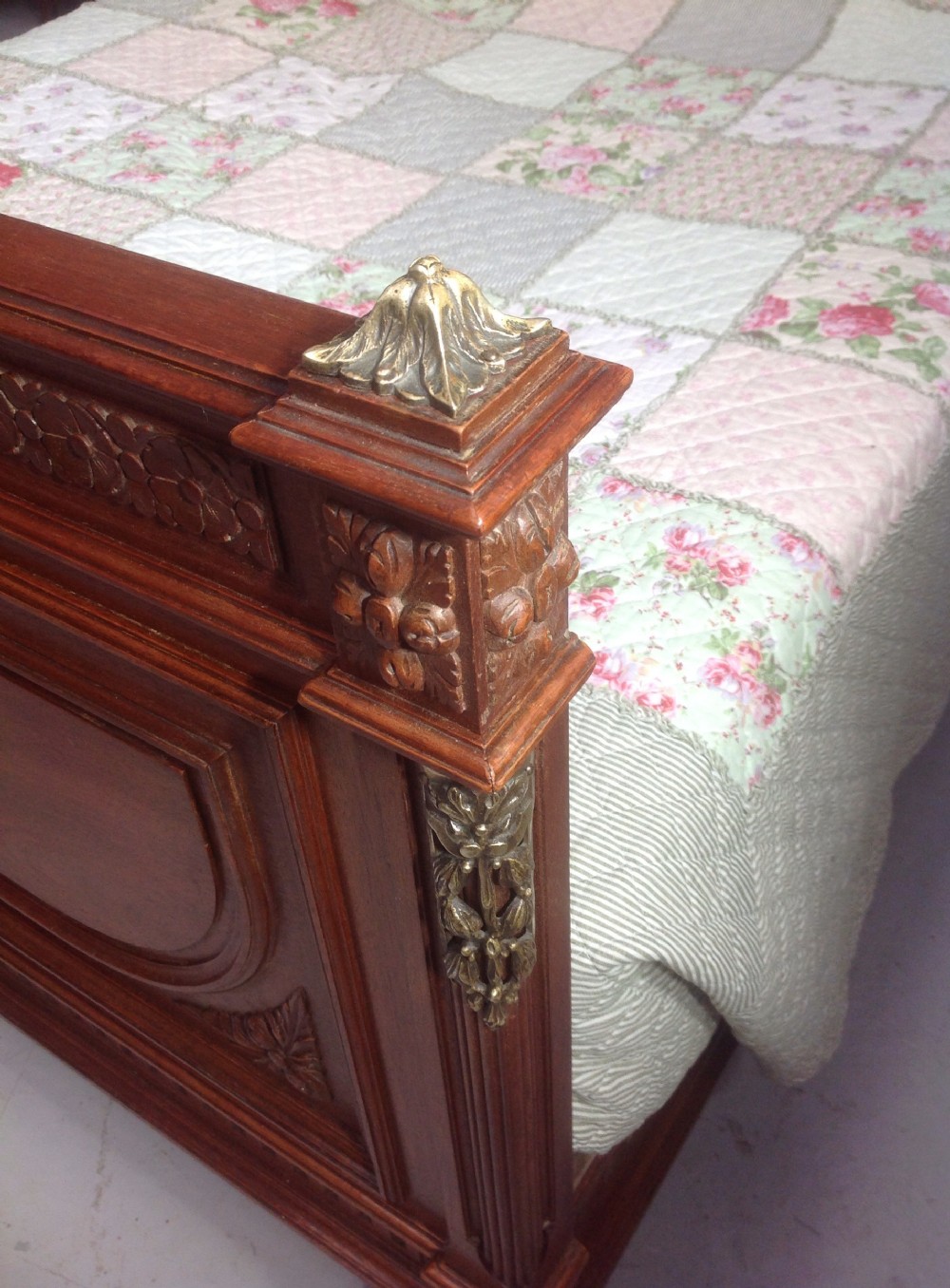 CARVED WALNUT FRENCH BED WITH BRASS DETAILING. View VII