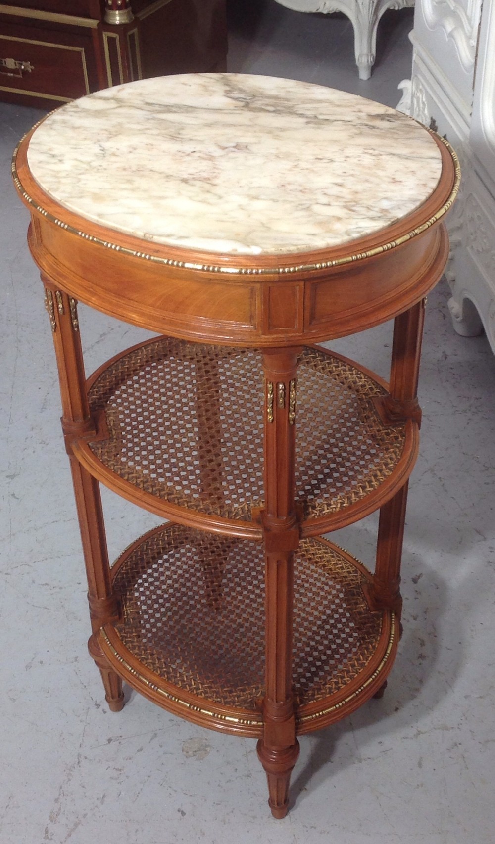 SATINWOOD FRENCH LAMP TABLE WITH BERGERE SHELVES by DECAUX & MAOUS View V