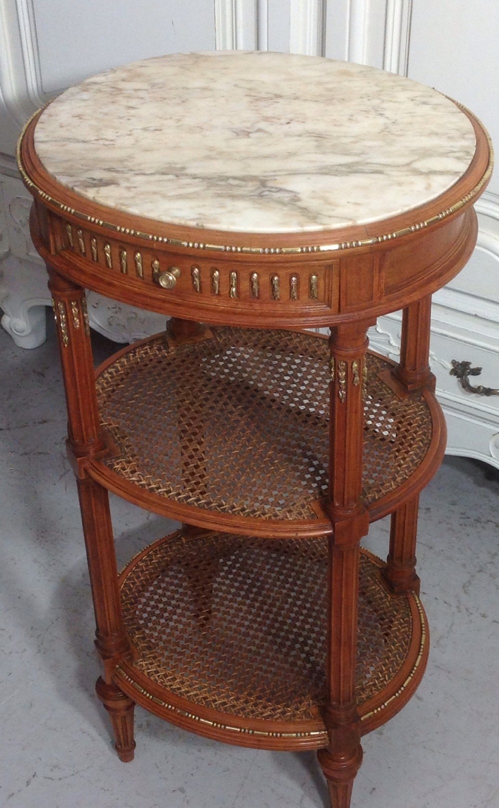 SATINWOOD FRENCH LAMP TABLE WITH BERGERE SHELVES by DECAUX & MAOUS View X
