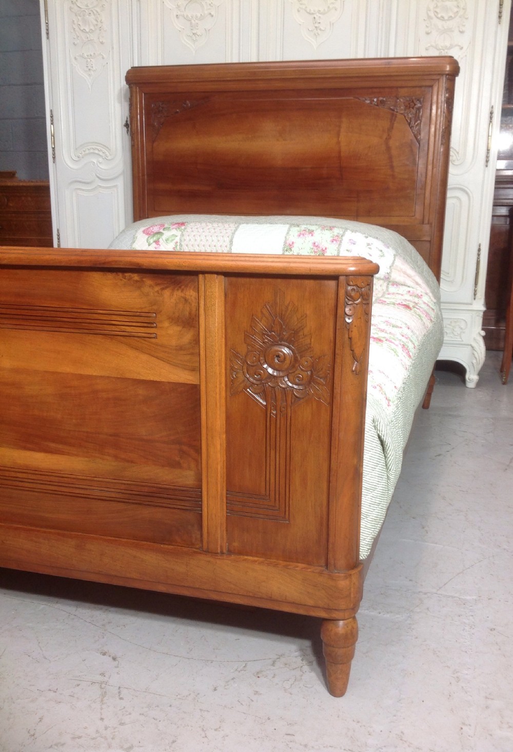 CARVED WALNUT ART DECO FRENCH BED. View II