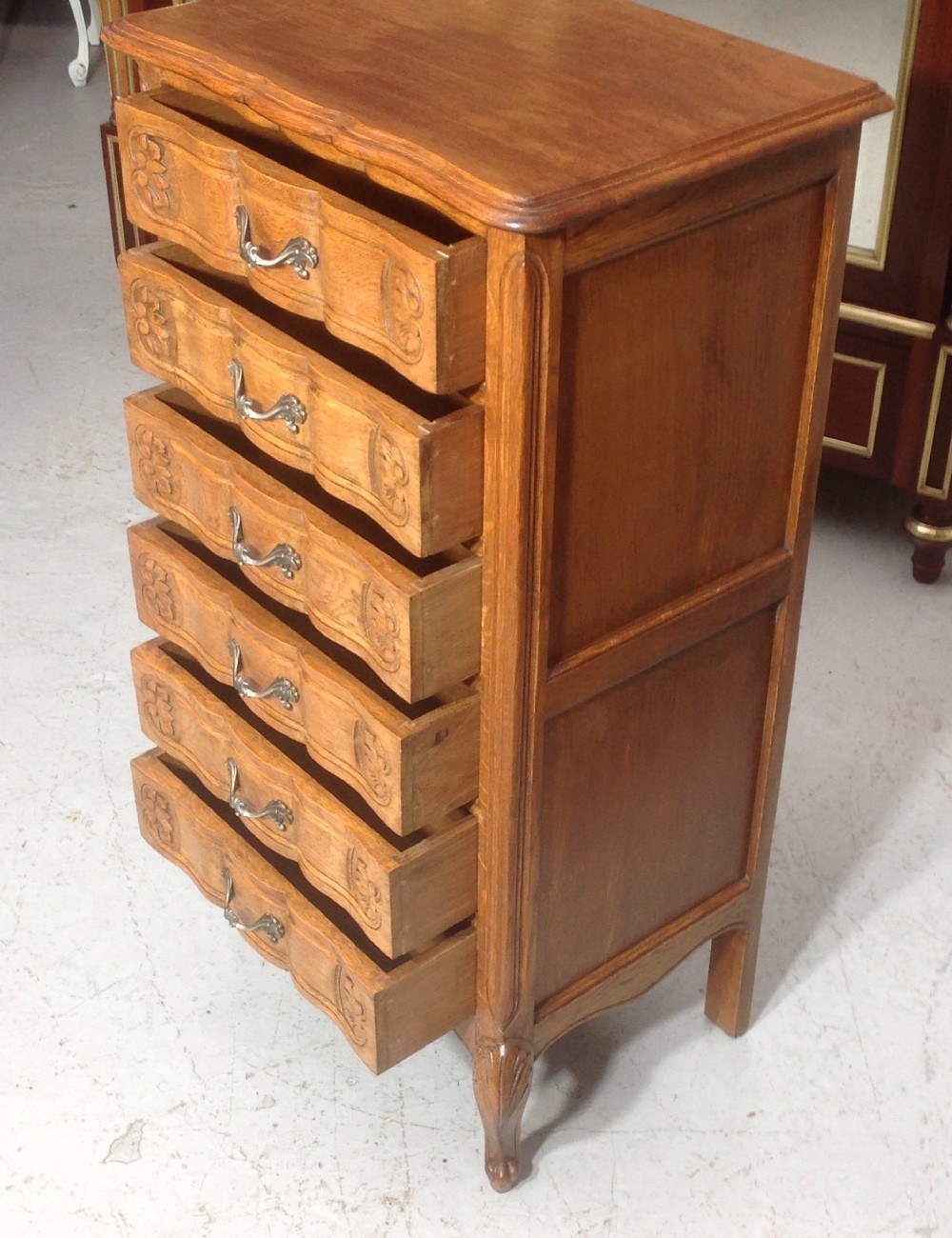 CARVED OAK FRENCH CHEST OF DRAWERS View III