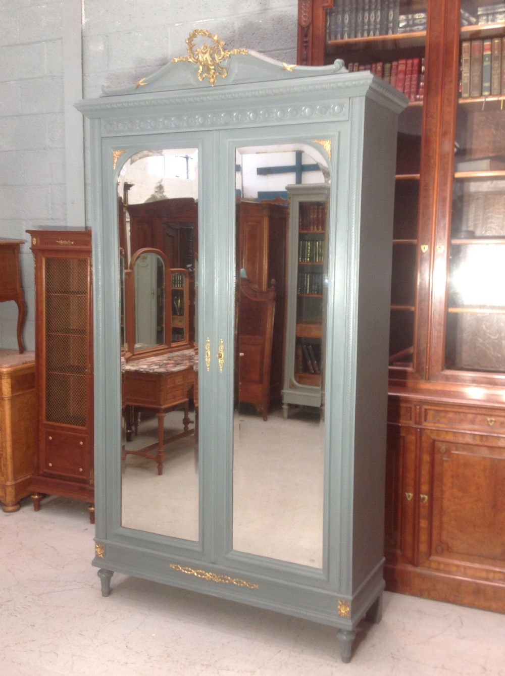 PAINTED FRENCH ARMOIRE WITH BRASS DETAILING
