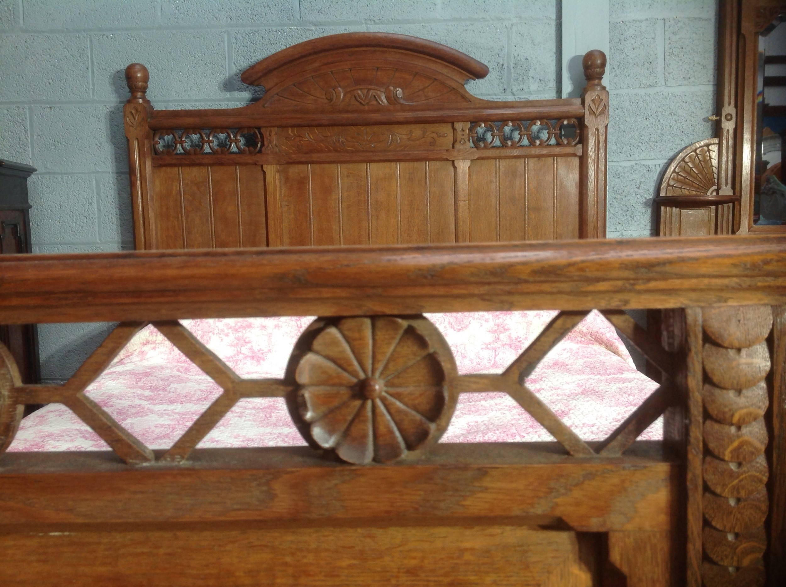 CARVED OAK FRENCH ARTS AND CRAFTS BED View III