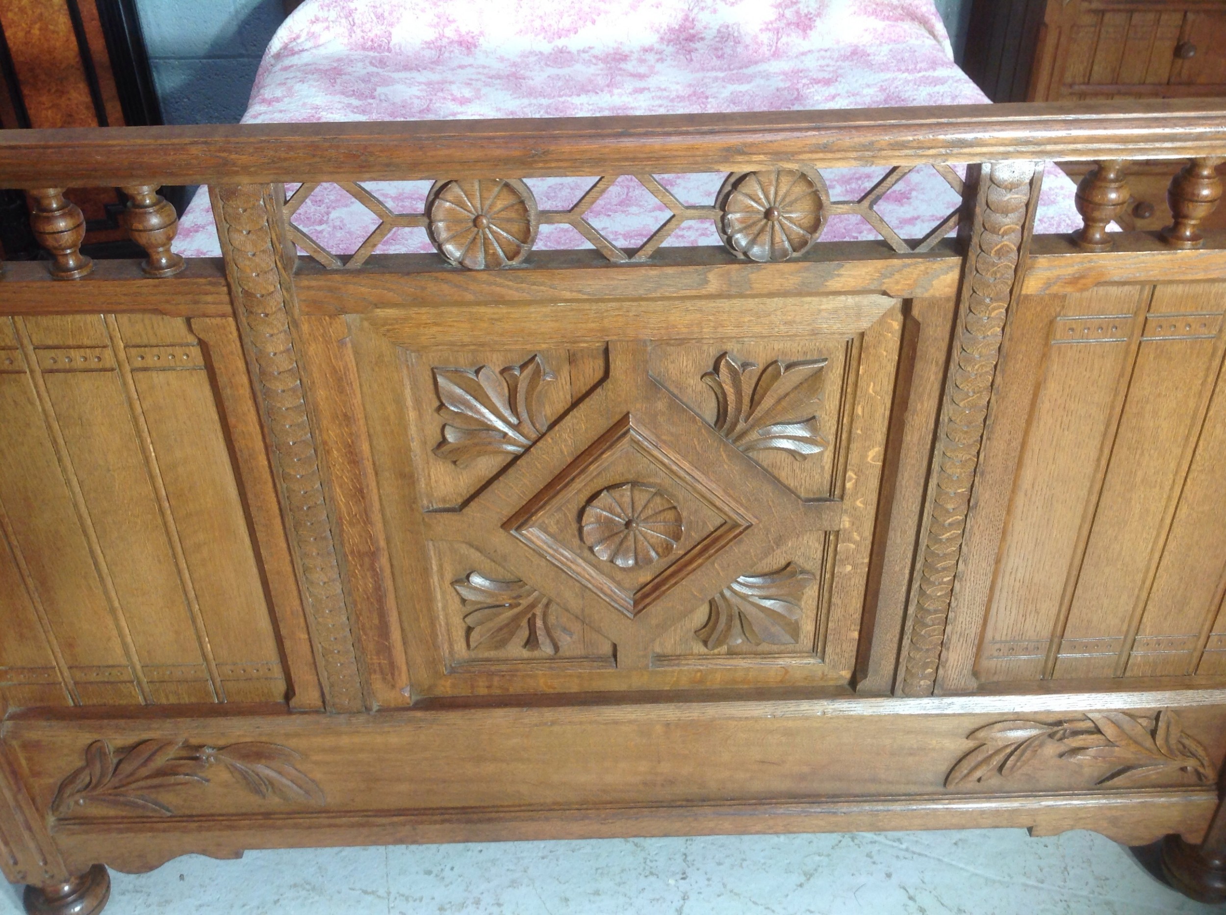 CARVED OAK FRENCH ARTS AND CRAFTS BED View X