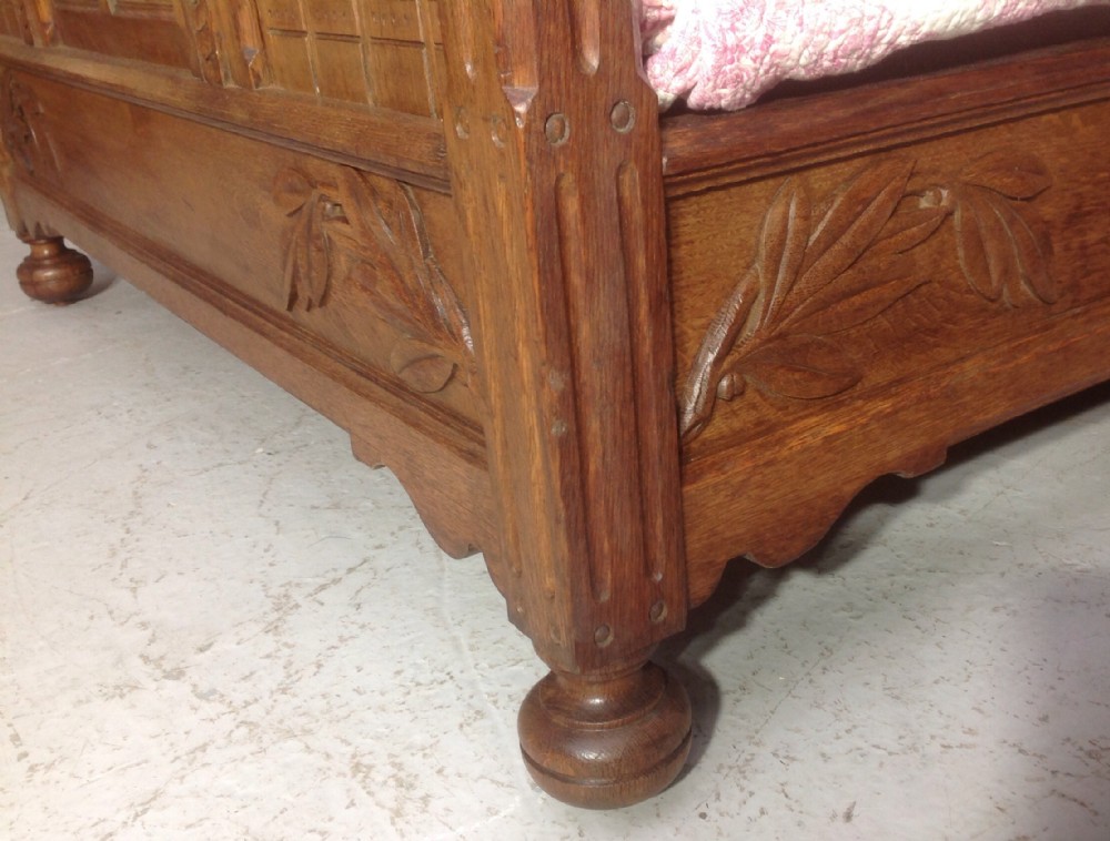 CARVED OAK FRENCH ARTS AND CRAFTS BED View XII