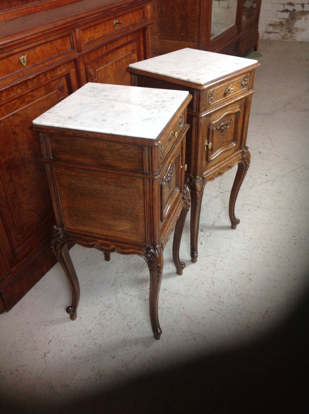 PAIR OF DARK OAK FRENCH BEDSIDE CABINETS View II