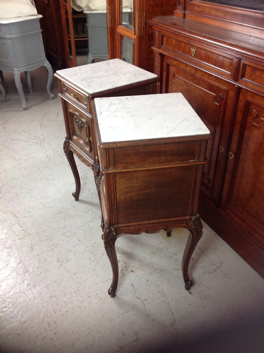 PAIR OF DARK OAK FRENCH BEDSIDE CABINETS View III