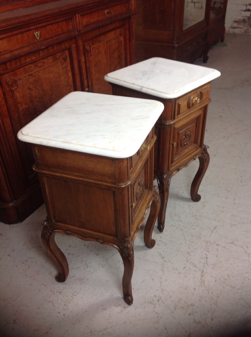 PAIR OF DARK OAK FRENCH BEDSIDE CABINETS View III