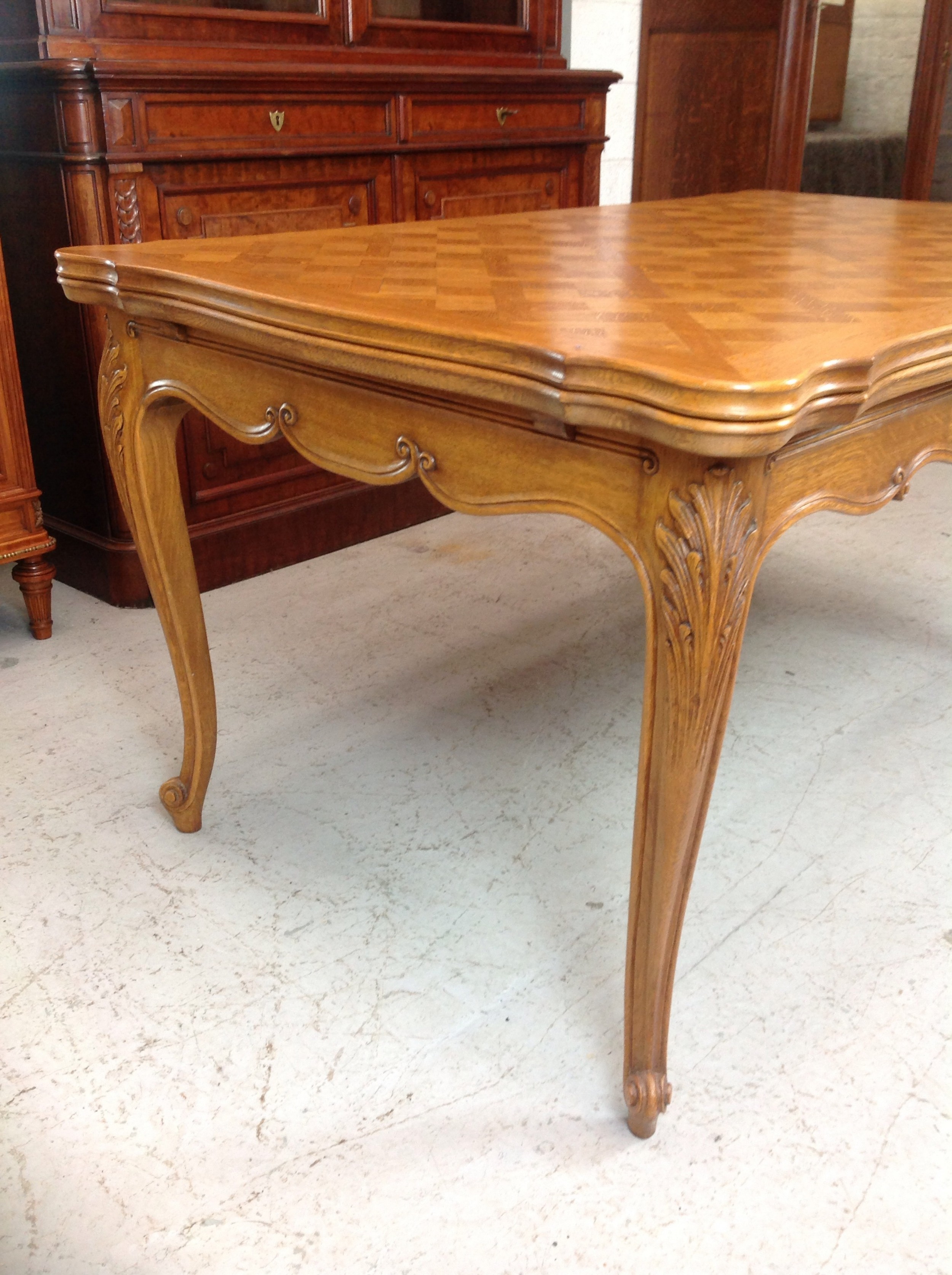 LARGE OAK FRENCH PARQUET EXTENDING DINING TABLE View II