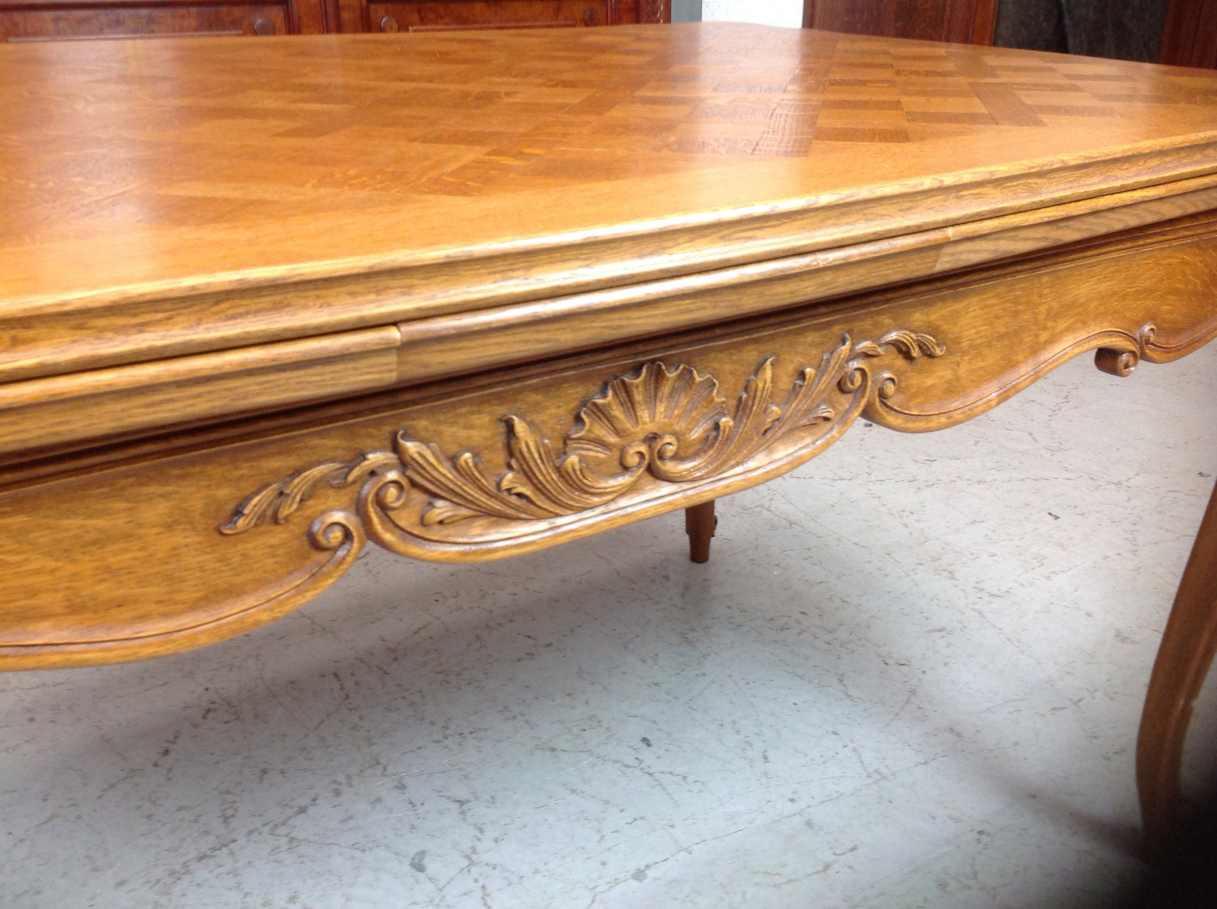 LARGE OAK FRENCH PARQUET EXTENDING DINING TABLE View III