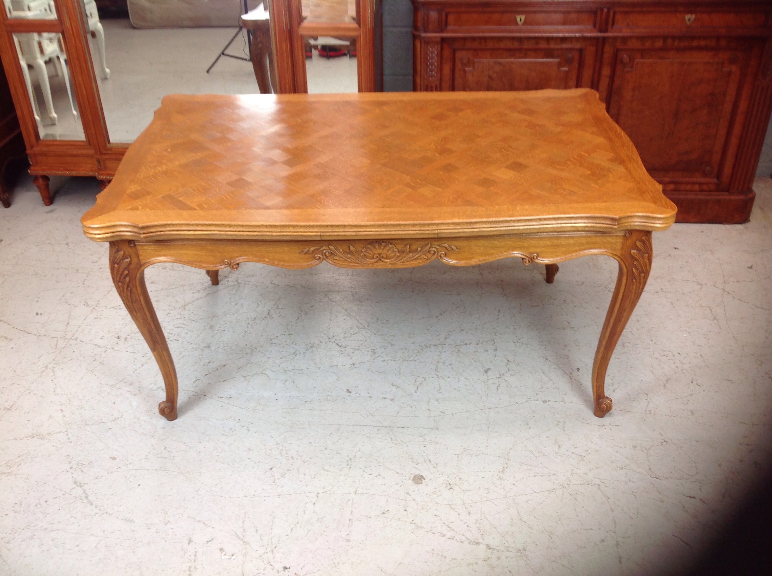 LARGE OAK FRENCH PARQUET EXTENDING DINING TABLE View V
