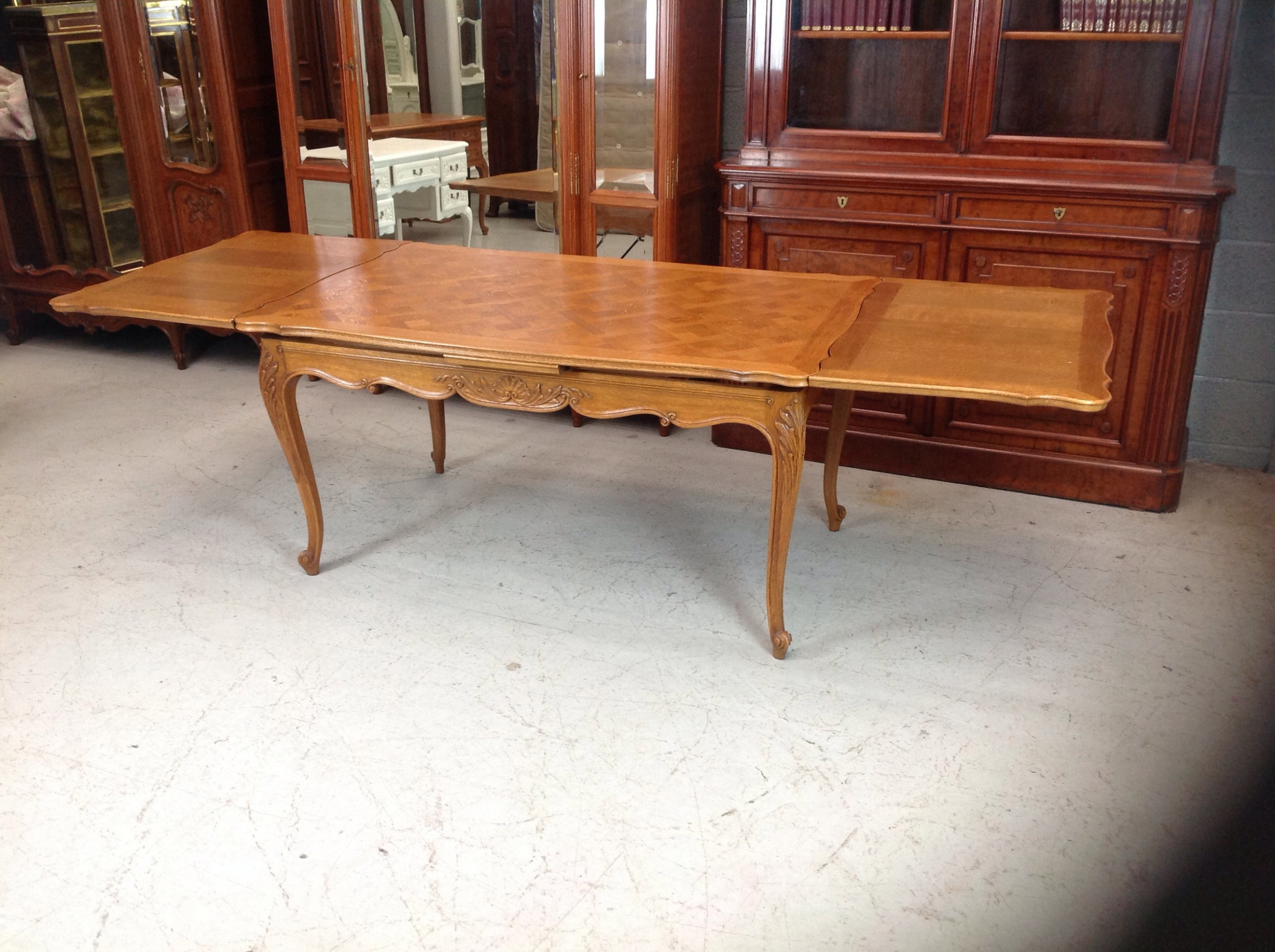 LARGE OAK FRENCH PARQUET EXTENDING DINING TABLE View VI