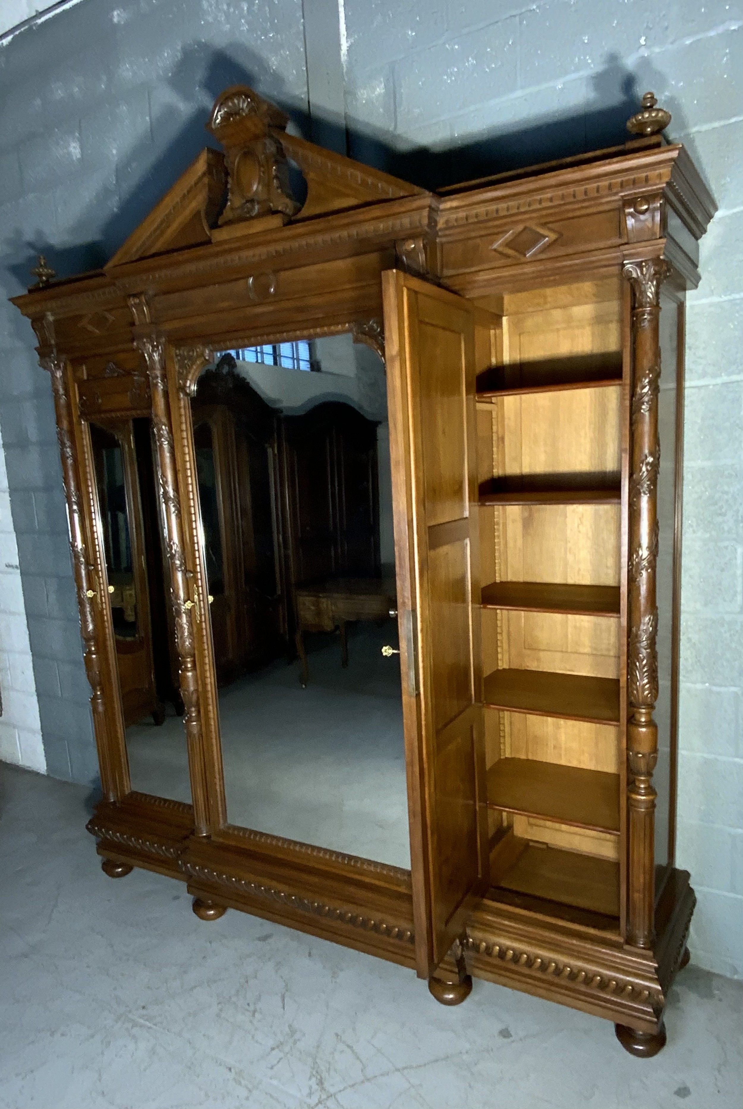 IMPRESSIVE LARGE WALNUT BREAKFRONT ARMOIRE  View II