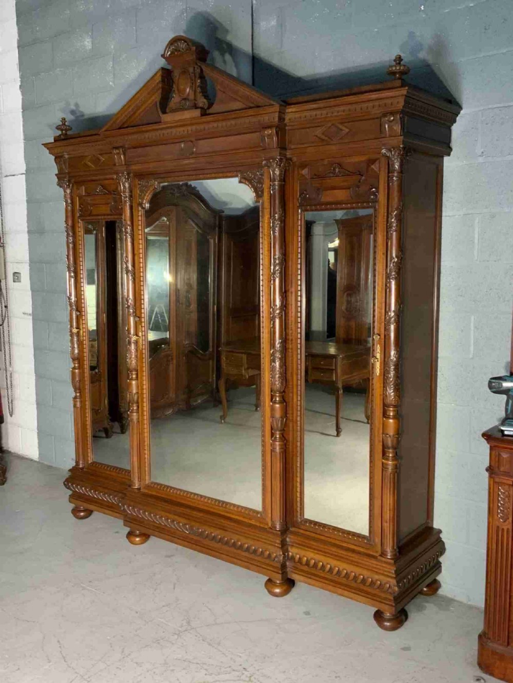 IMPRESSIVE LARGE WALNUT BREAKFRONT ARMOIRE  View XII
