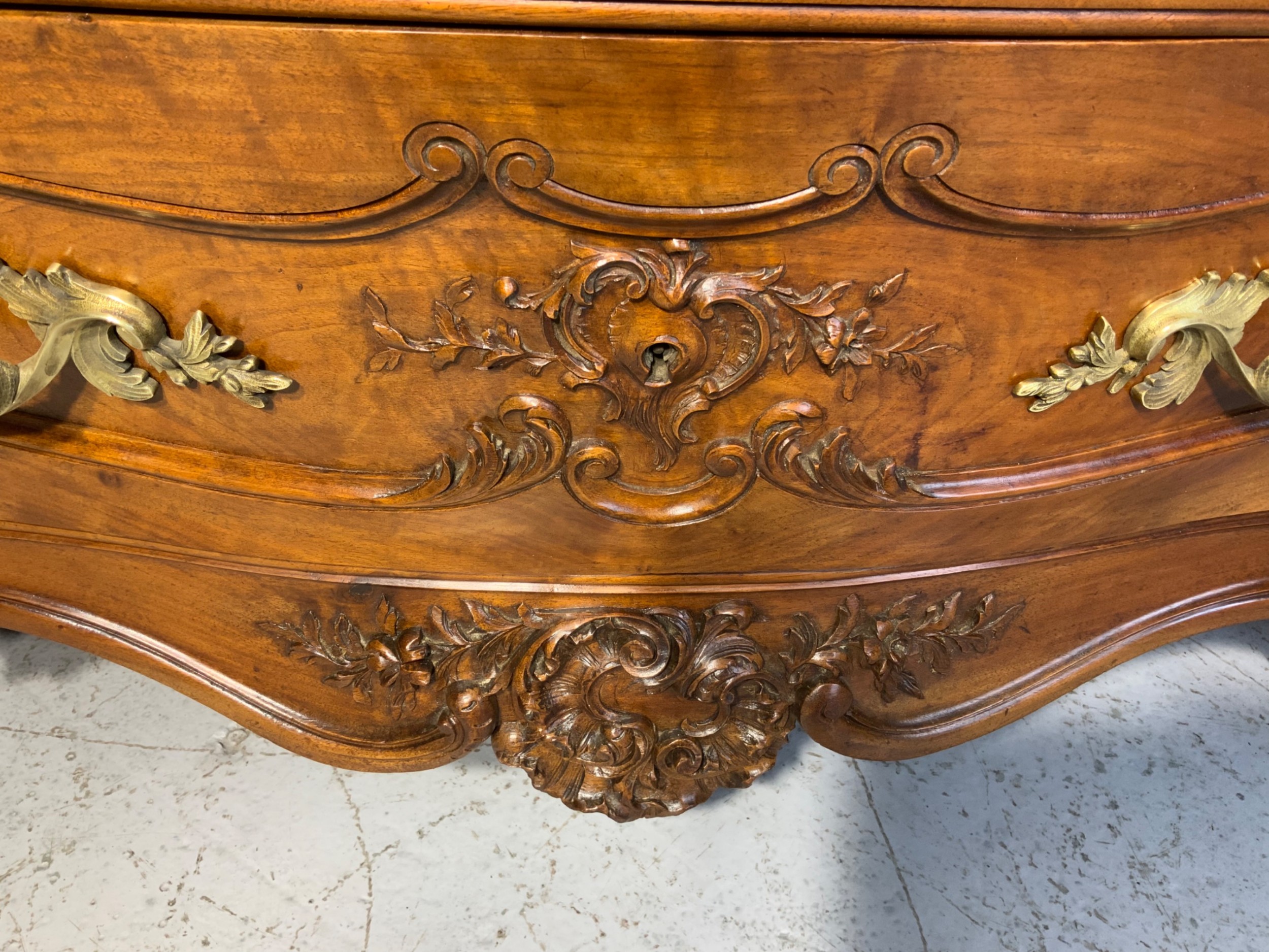 STUNNING CARVED FRENCH WALNUT BOMBE STYLE COMMODE  View II