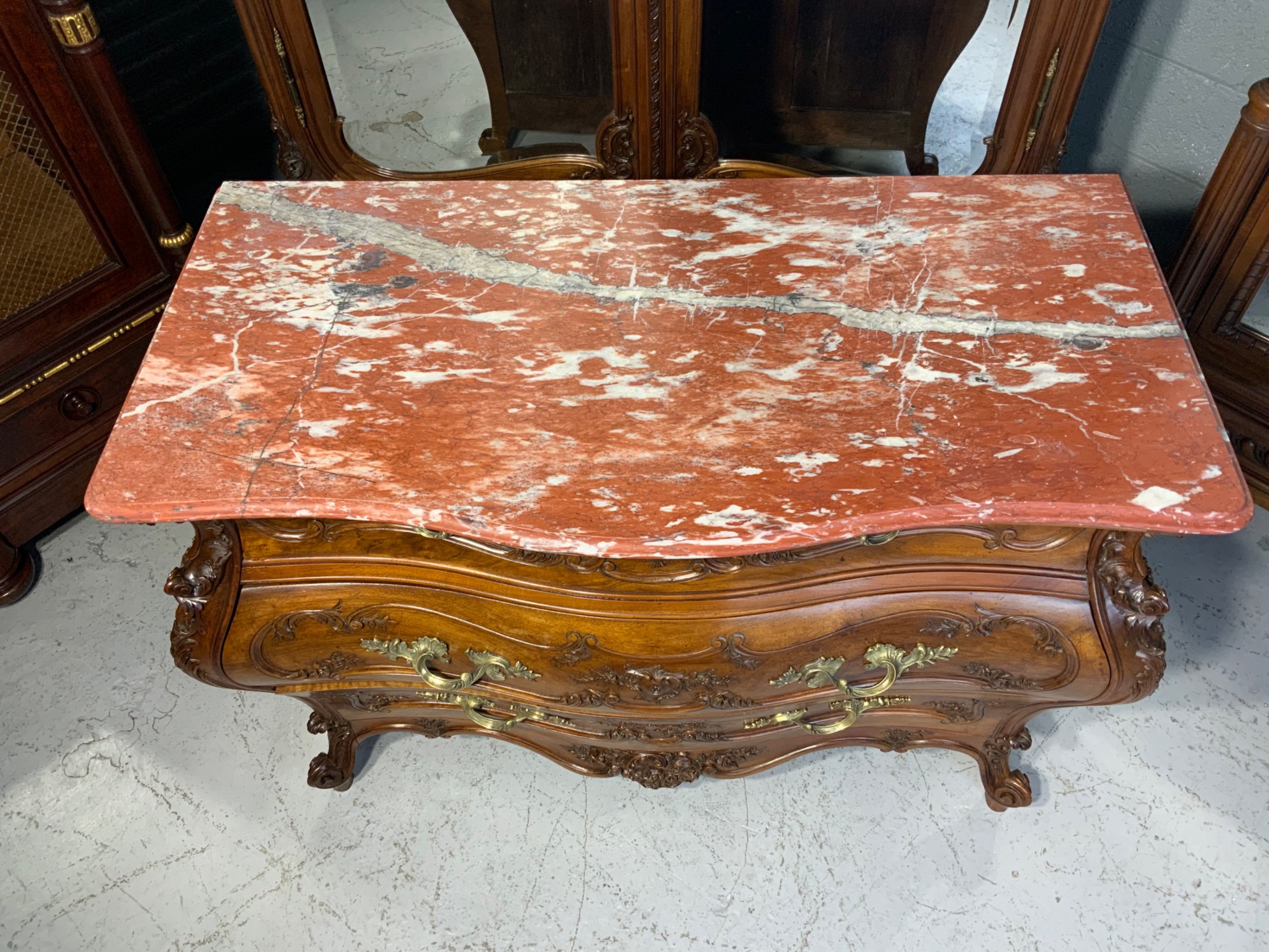 STUNNING CARVED FRENCH WALNUT BOMBE STYLE COMMODE  View VII