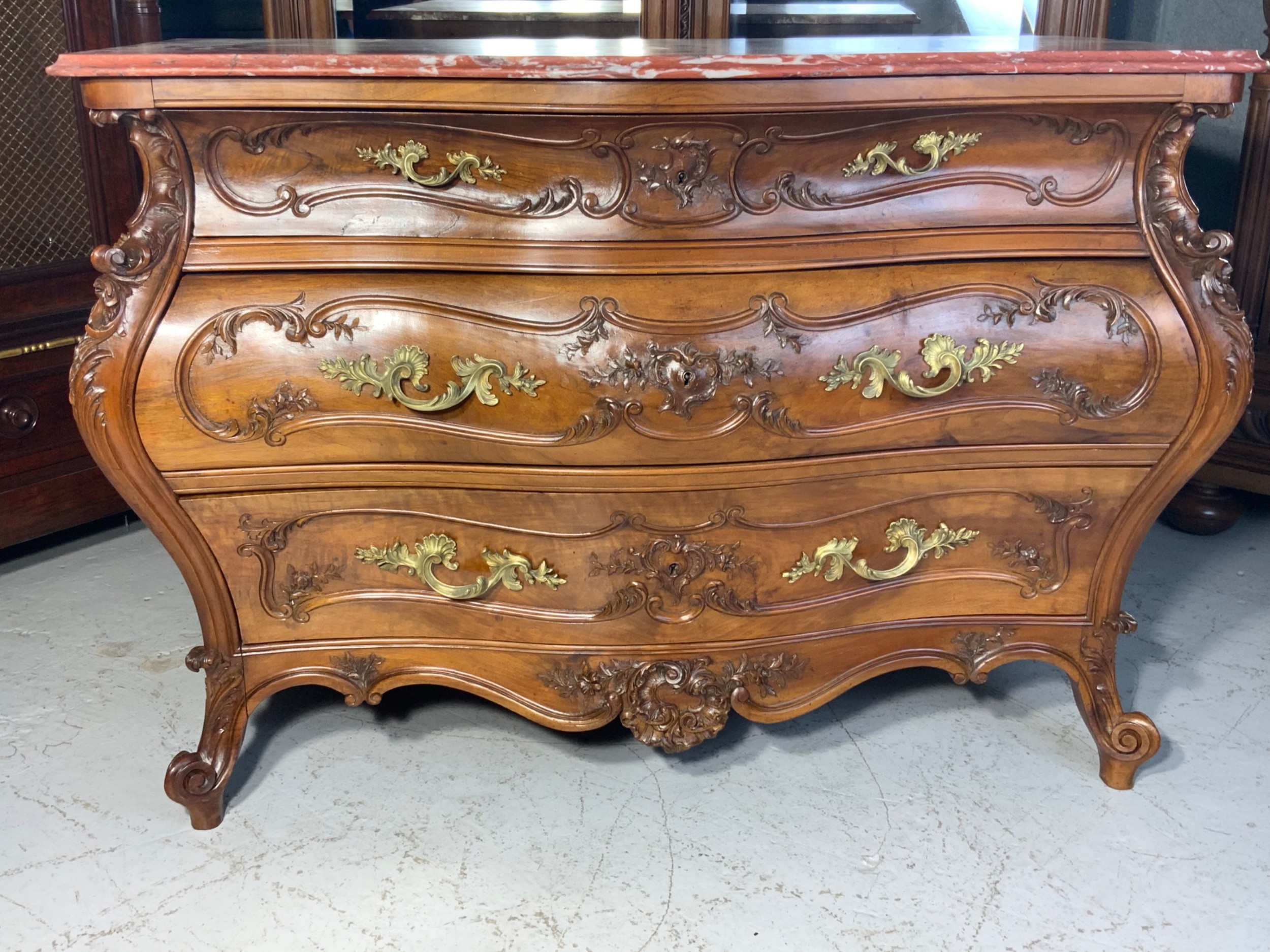 STUNNING CARVED FRENCH WALNUT BOMBE STYLE COMMODE  View XIII