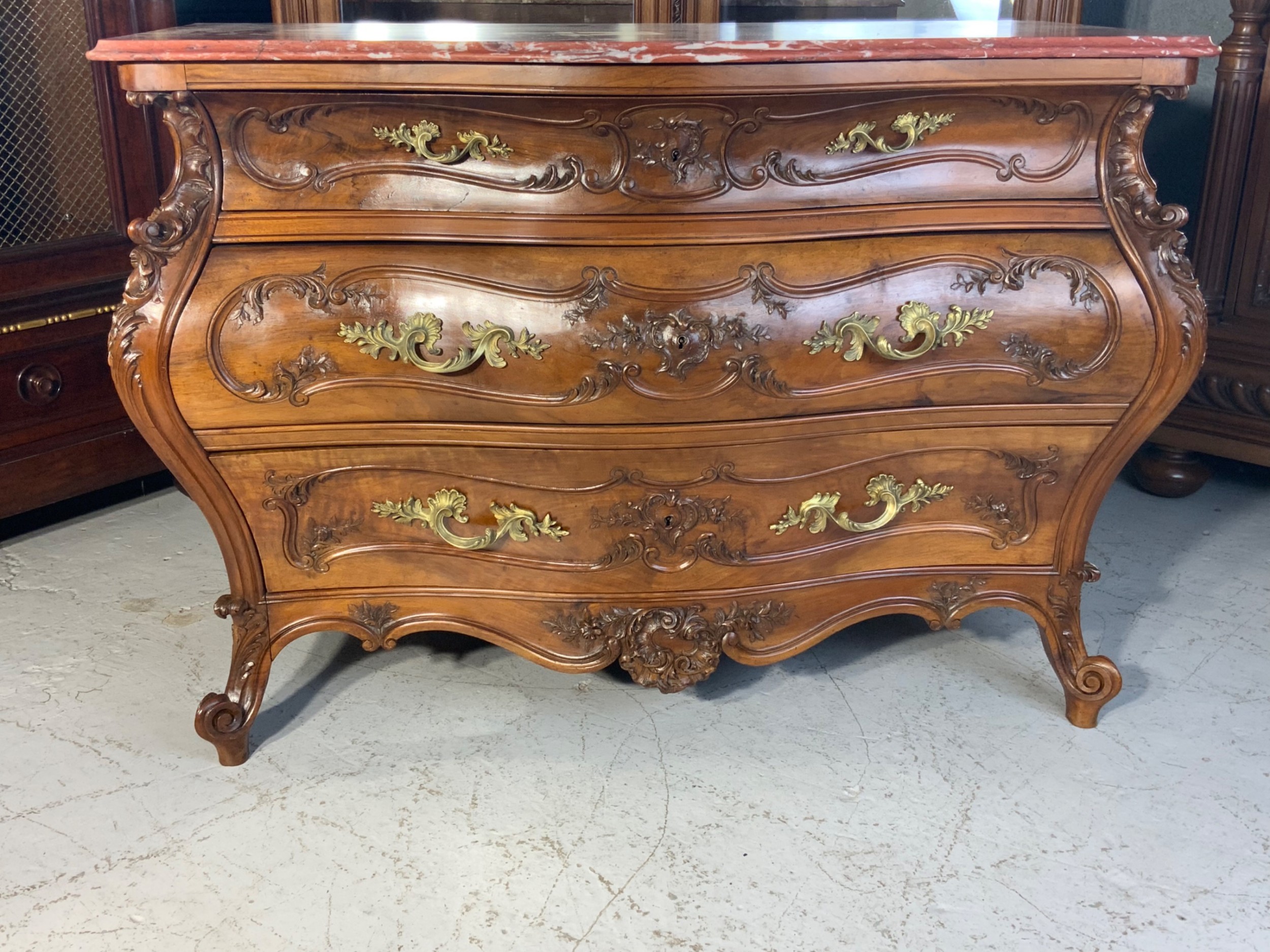 STUNNING CARVED FRENCH WALNUT BOMBE STYLE COMMODE  View XIV