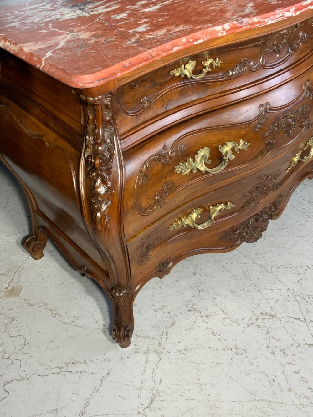 STUNNING CARVED FRENCH WALNUT BOMBE STYLE COMMODE  View XII