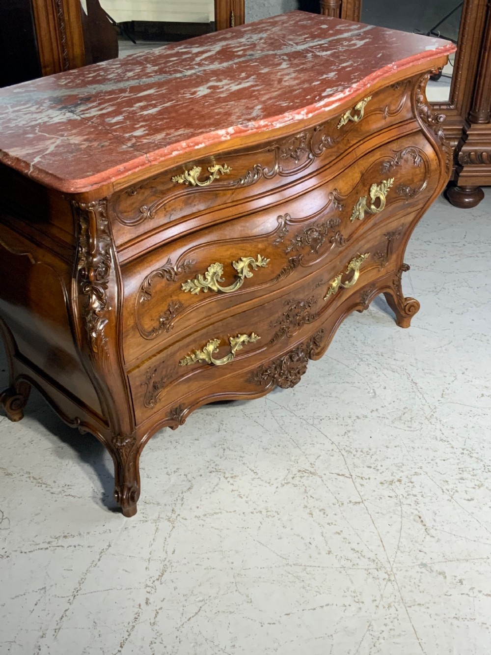 STUNNING CARVED FRENCH WALNUT BOMBE STYLE COMMODE  View XI