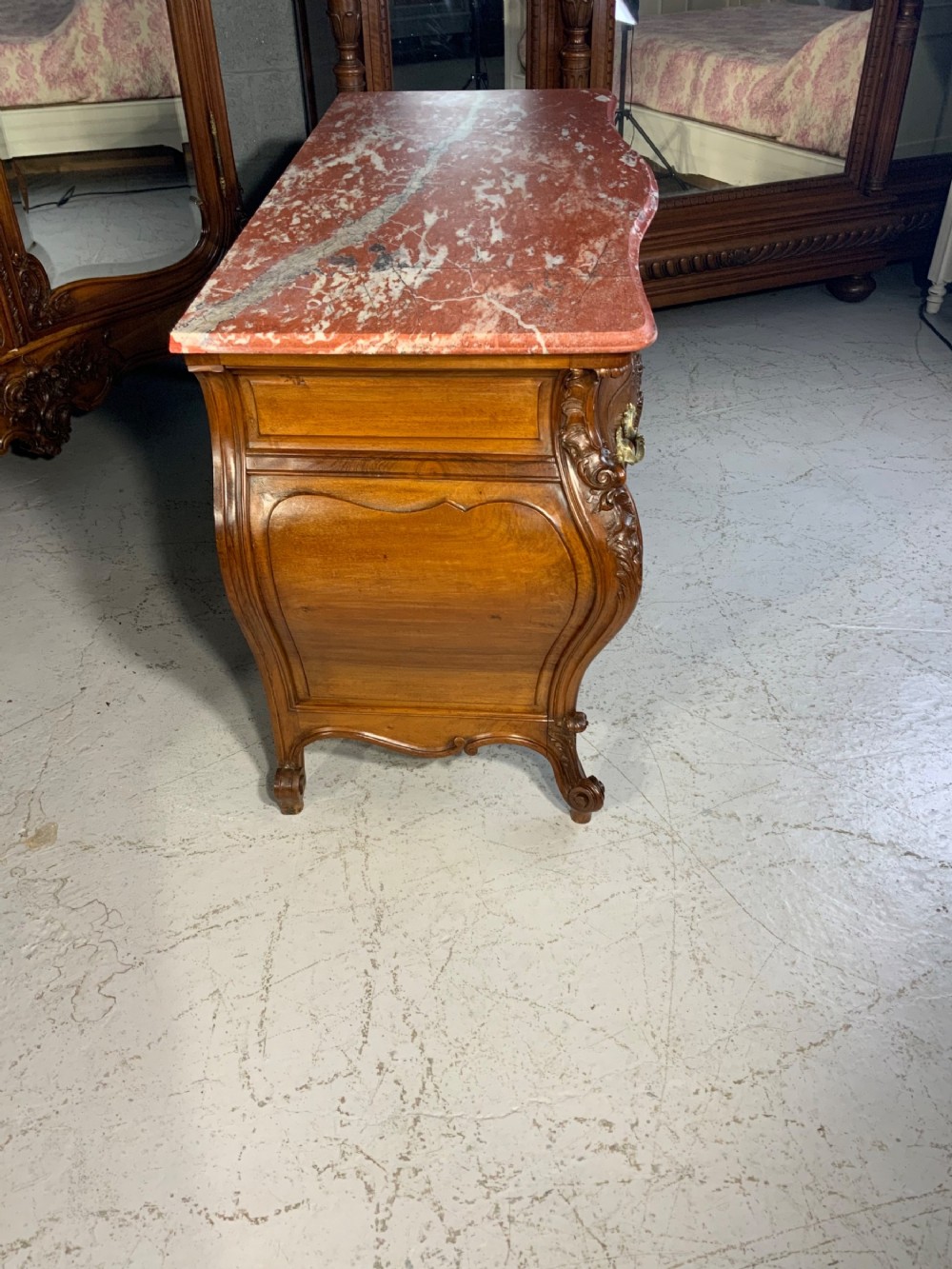 STUNNING CARVED FRENCH WALNUT BOMBE STYLE COMMODE  View X