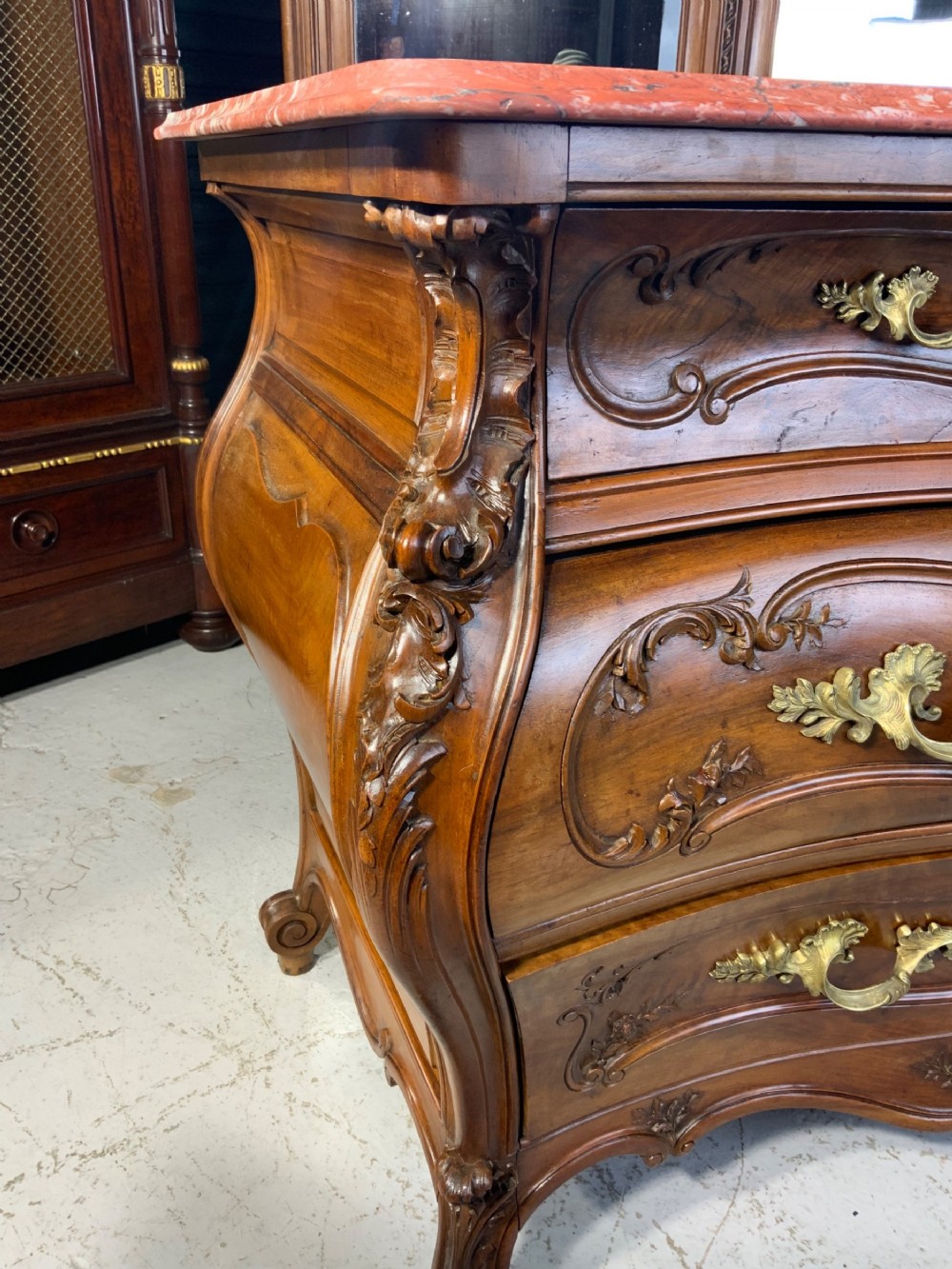 STUNNING CARVED FRENCH WALNUT BOMBE STYLE COMMODE  View VIII