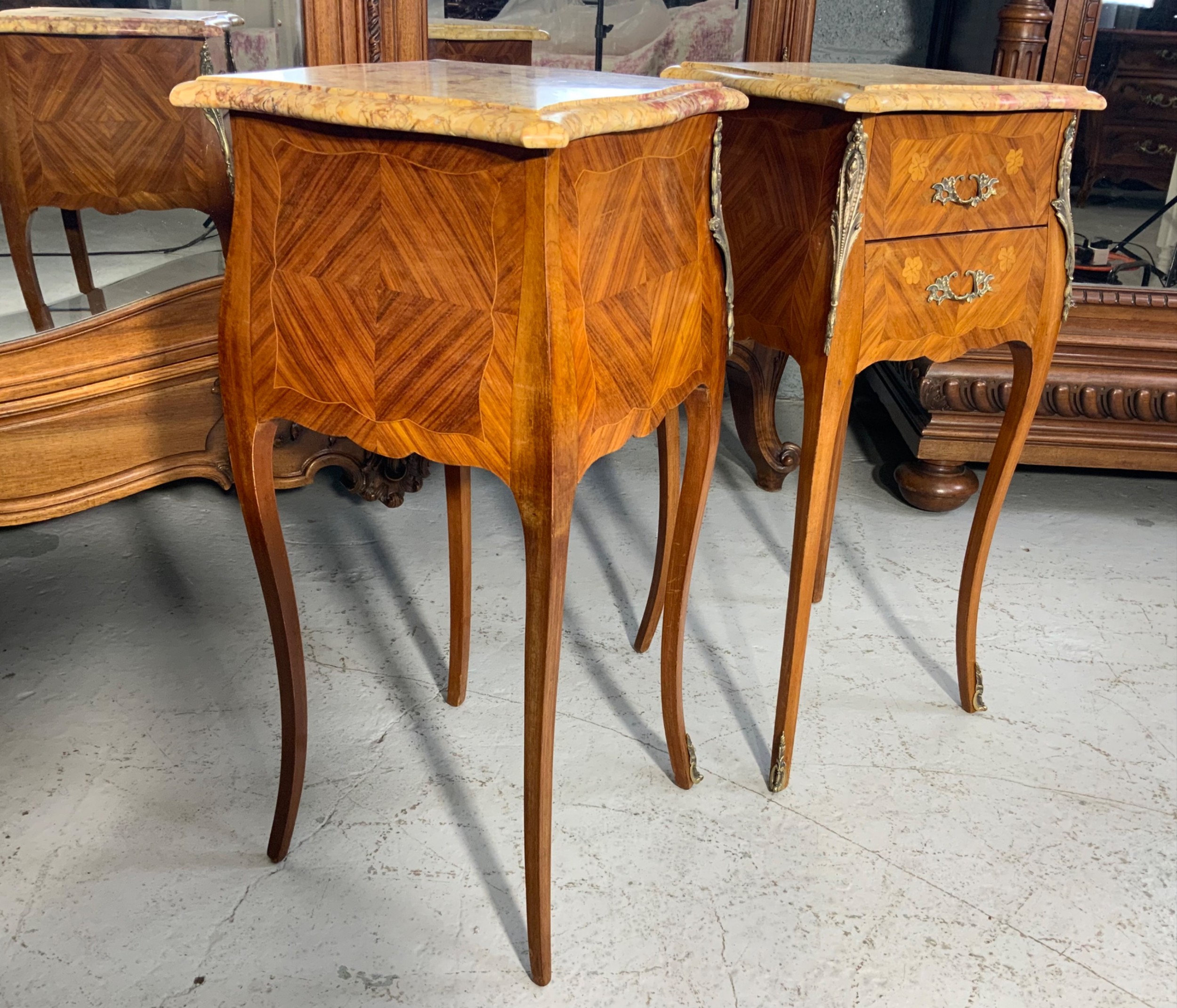PAIR OF FRENCH INLAID MARQUETRY BEDSIDE CABINETS  View V