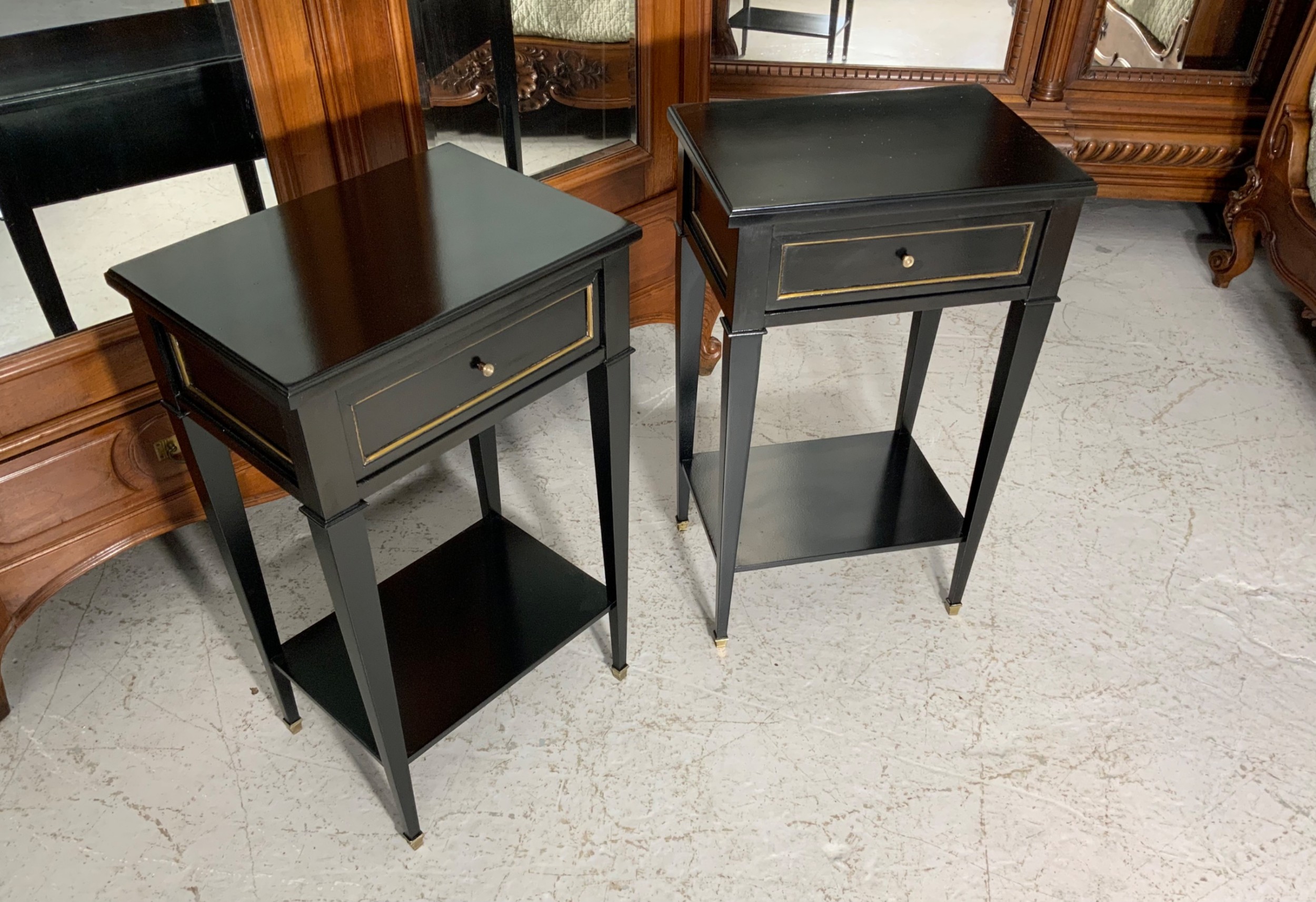 PAIR OF FRENCH BEDSIDE CABINETS IN EBONY FINISH  View II